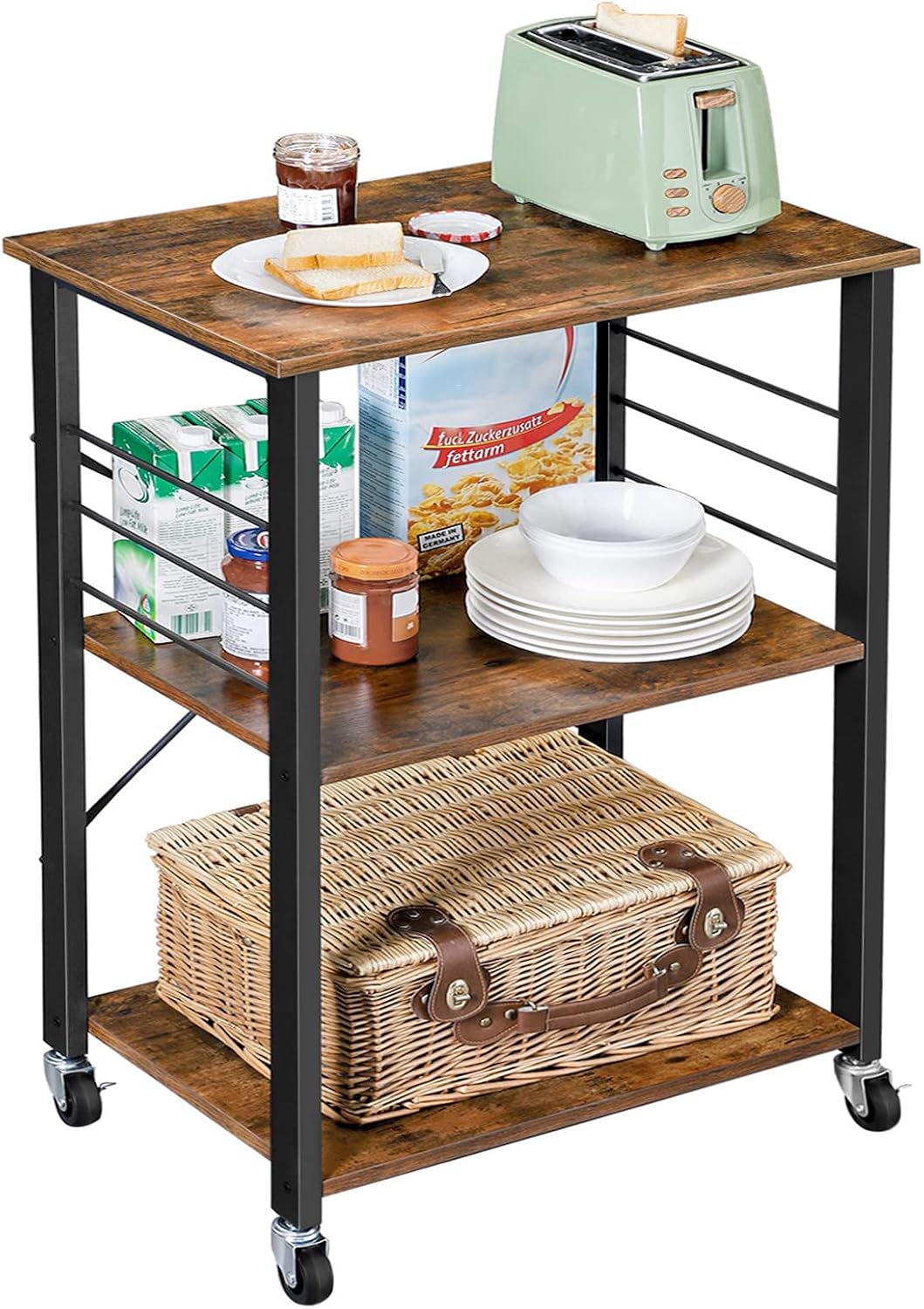 VASAGLE Kitchen Shelf on Wheels, 31.5 Inches Serving Cart with 3 Shelves, Kitchen Cart, Microwave Shelf, for Mini Oven, Toaster, with 6 Hooks