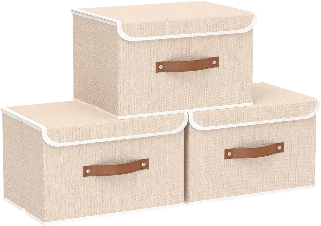Yawinhe Storage Bins with Lids, Beige, 17.7x11.8x11.8in, 5-Pack, Fabric Container with Leather Handle, Washable Home Basket