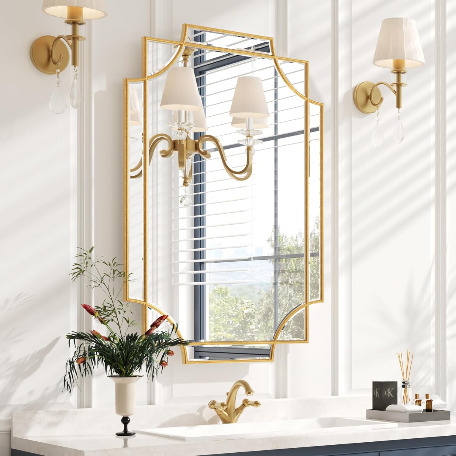 Kelly Miller 24"x48" Gold Foil Scalloped Edge Decorative Vanity Wall Mirror, Hand-Applied Gold Foil Finish. HD Mirror With French Cleat. Elegant