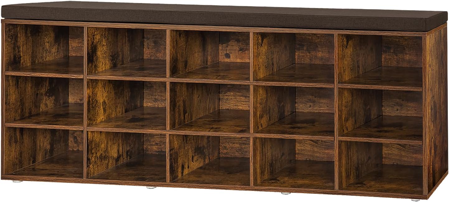 Shoe Storage Bench with Cushion, 15-Cubby Shoe Rack, Adjustable Shelves, Long Shoe Organizer Bench for Entryway, Mudroom, Hallway, Living Room