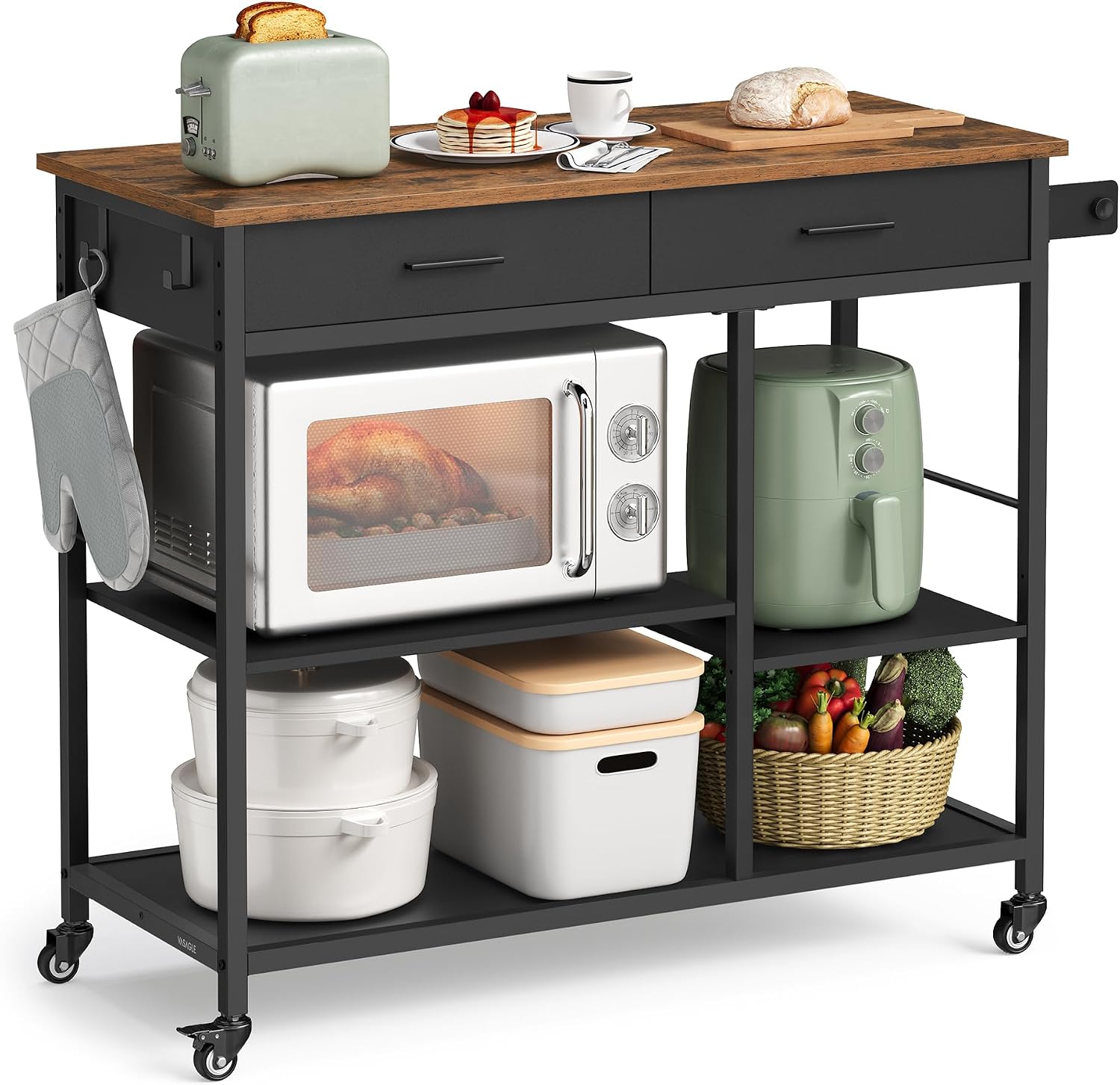 VASAGLE Kitchen Rolling Island, Mobile Kitchen Cart with Storage on Wheels, 17.7 x 23.6 x 35.4 Inches, Drawer, 2 Hooks, for Dining Room