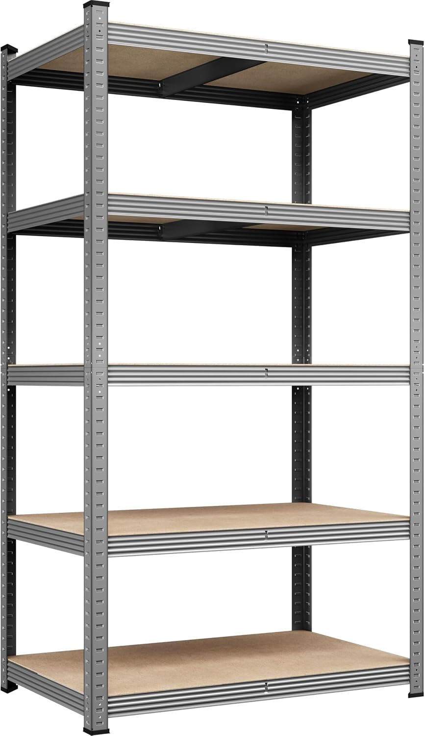 Yaheetech 5-Tier Heavy Duty Storage Shelves 28" W x 12" D x 60" H Silver, Boltless powder-coated metal frame and MDF boards assemble easily
