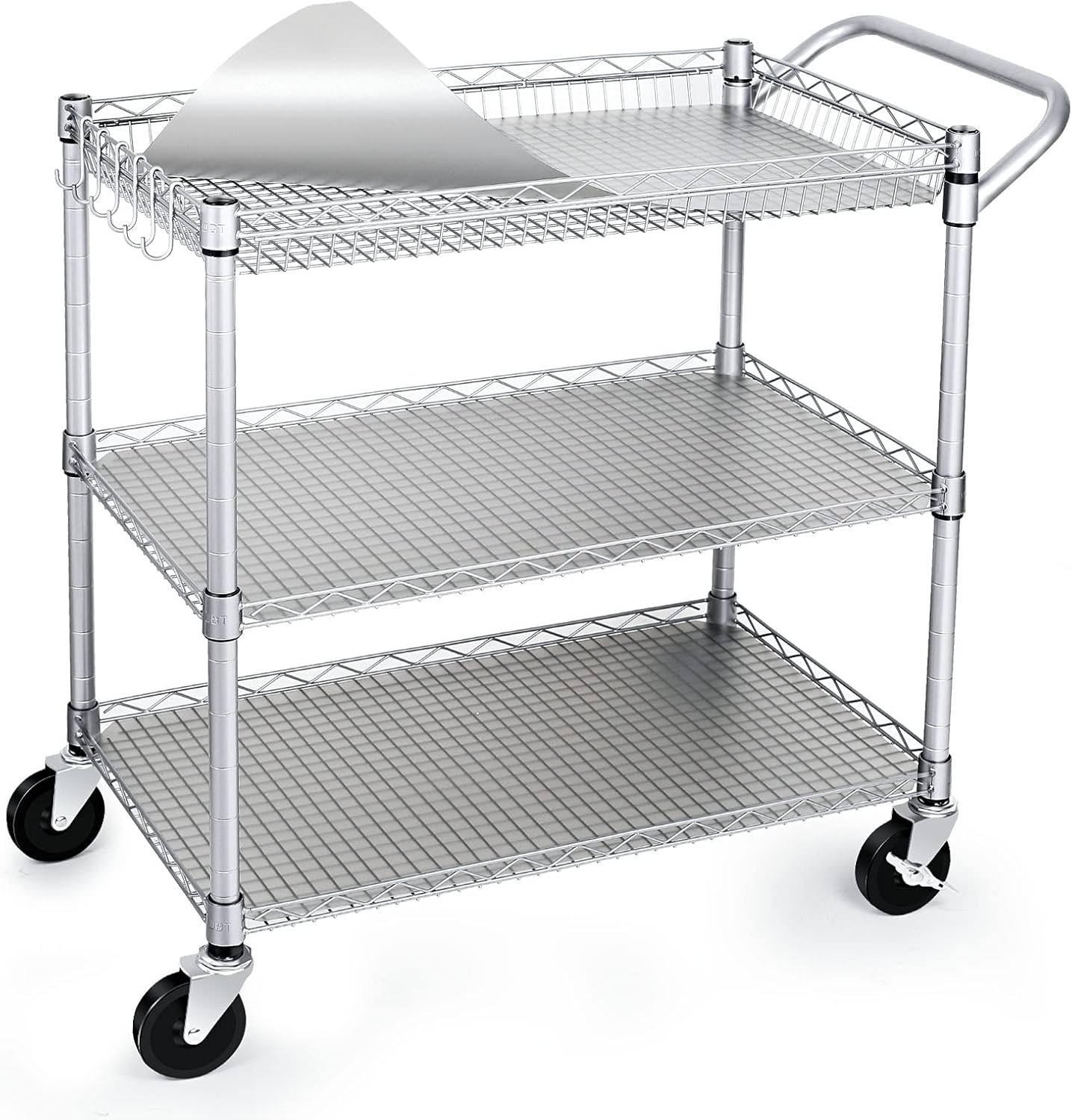 WDT 3 Tier Rolling Kitchen Carts with Wheels, Heavy Duty Rolling Utility Cart with Wood Tabletop, Commercial Grade Metal Cart with Handle and Hooks