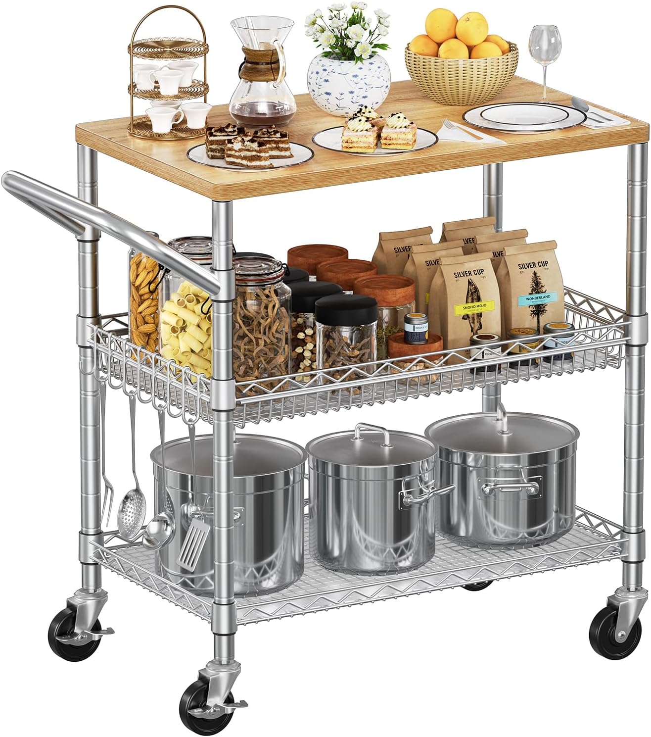 NTE Rolling Kitchen Carts on Wheels, 650Lbs Capacity 3 Tier Utility Cart with Wood Tabletop, Kitchen Storage Cart with 8 Hooks