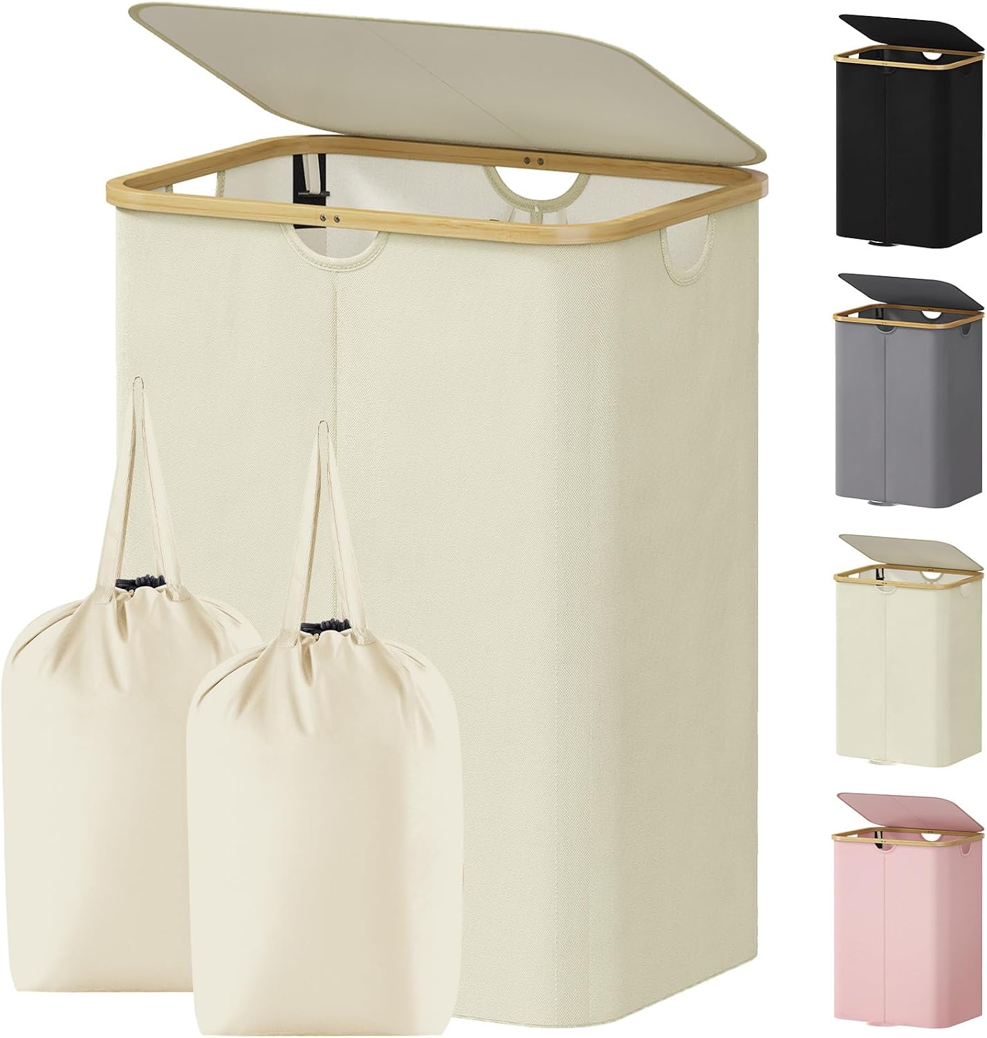 Lifewit 150L Double Laundry Hamper with Lid, Large Laundry Basket with Removable Bag and Bamboo Handles