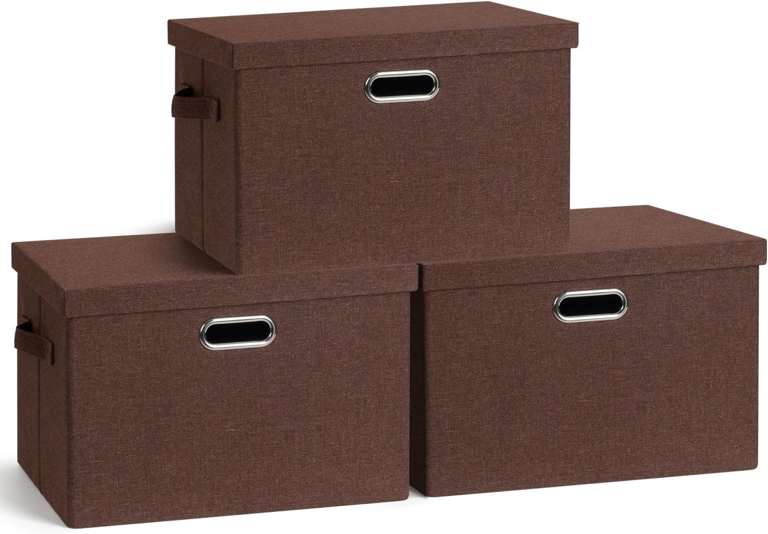 Graciadeco Large Quart Collapsible Stackable Storage Bins with Lids, 3 Packs Beige Linen Fabric Closet Boxes with Lids