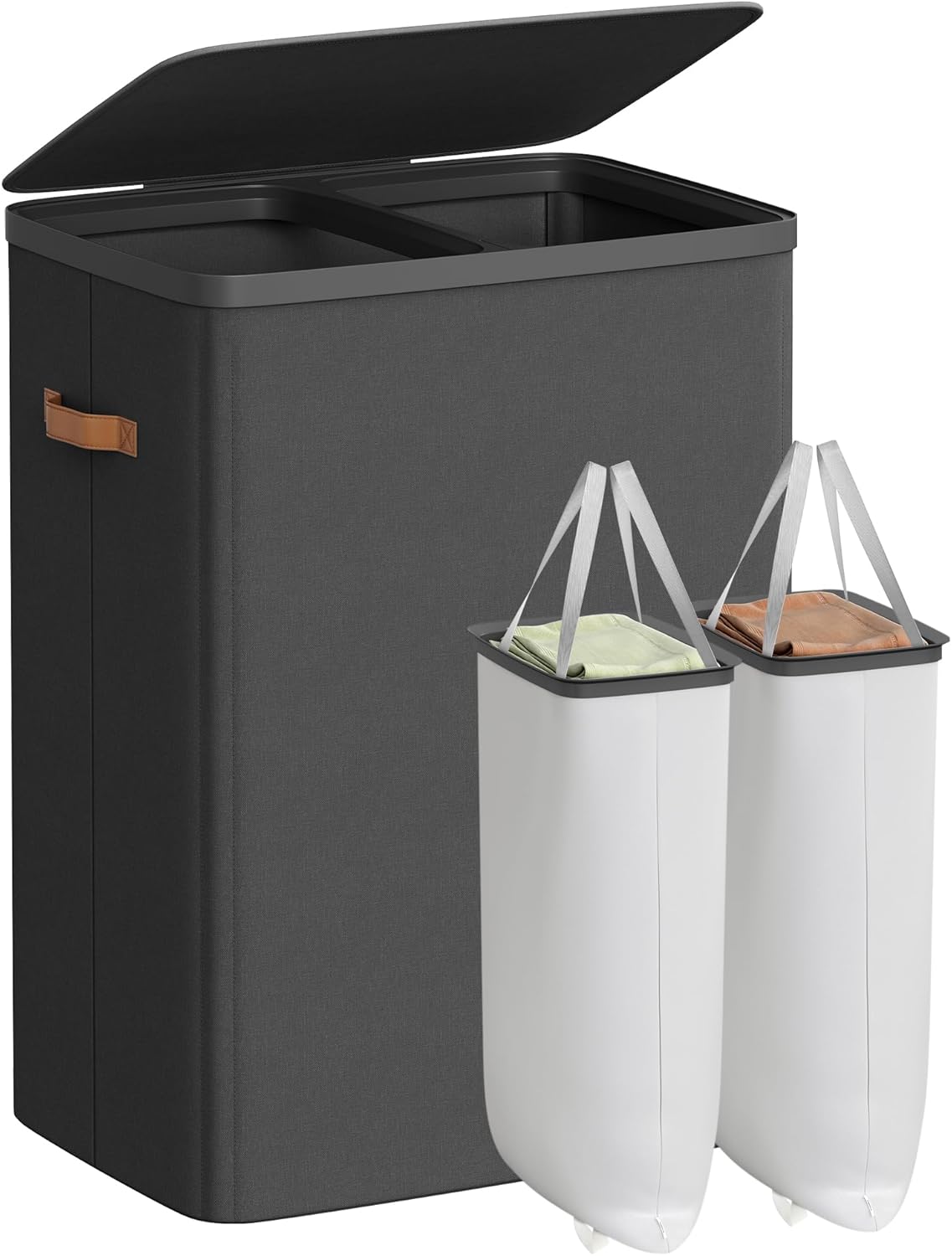 SONGMICS Laundry Basket, 44.9 Gal. Laundry Hamper, 2 Compartments, Easy Assembly, with Lid and Handles, Removable Liners, 22 x 15.7 x 29.5 Inches