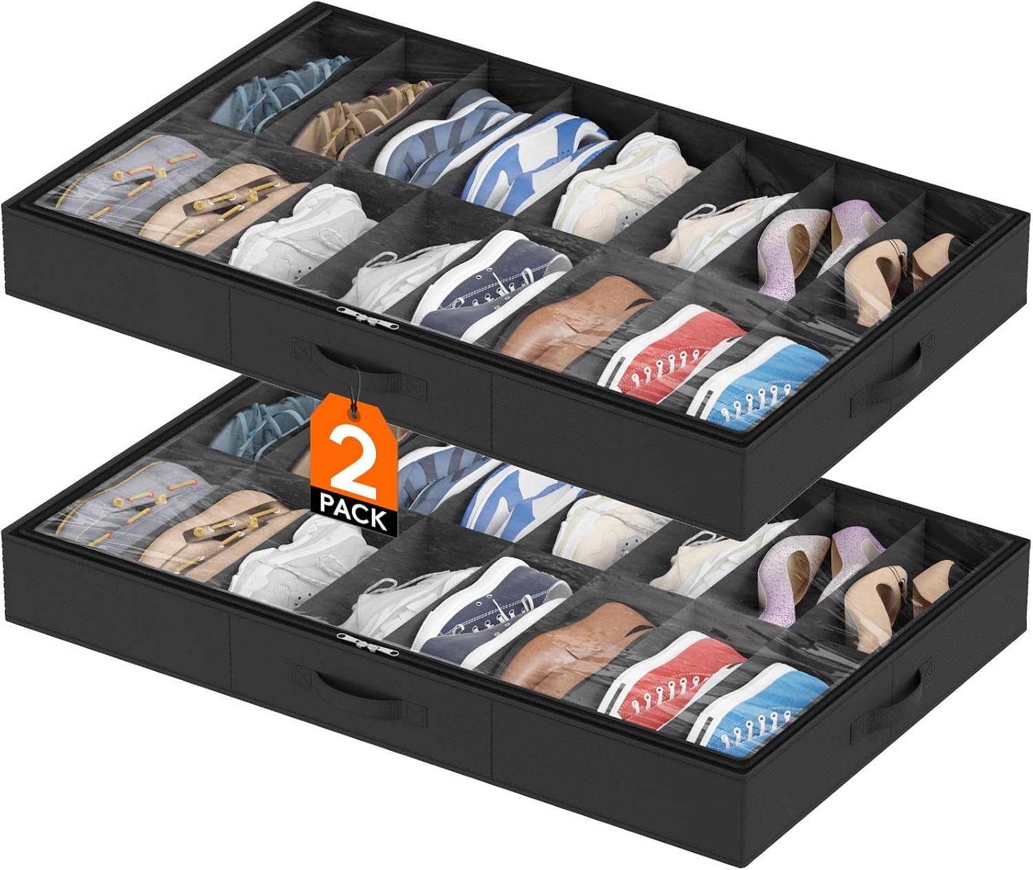 Lifewit Under Bed Shoe Storage Organizer 4 Pack(16 Shoes Cells), 4.3 Inches Profile Fabric Shoes Container Box with Clear Cover