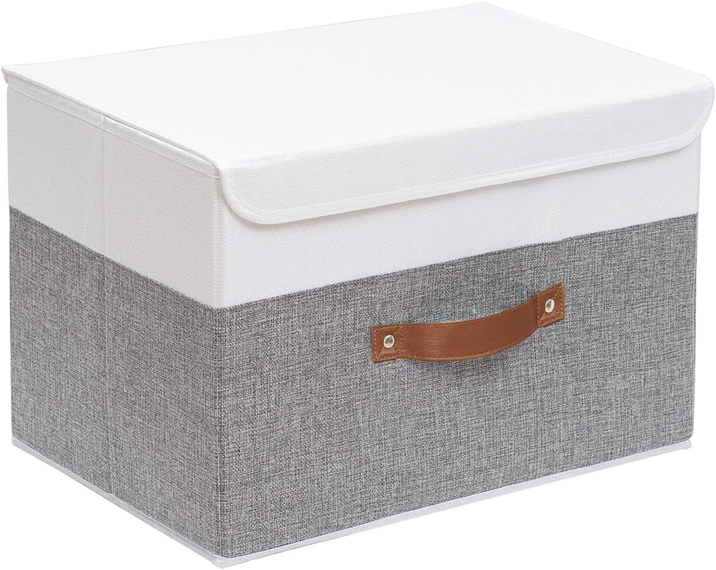 Yawinhe Collapsible Storage Boxes, Linen Fabric Baskets, Bin with lid and Leather Handle, Washable, for Home, Closet, Beige, 17.7''Lx11.8''Wx11.8''H