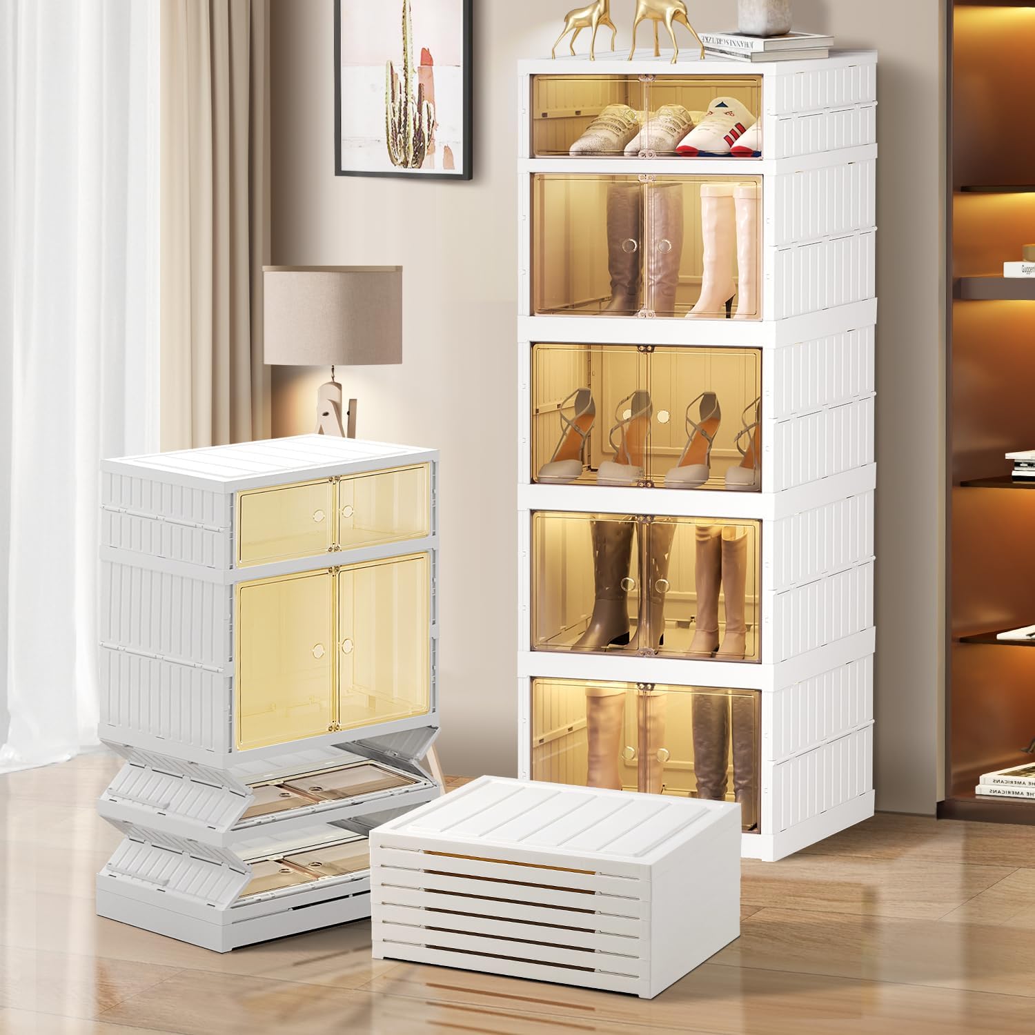 6-Tier Foldable Shoe Rack, Magnetic Doors, 12 Pairs, White, Collapsible Plastic Shoe Cabinet, Stackable, Clear Doors, Bottom Wheels, Fits Boots