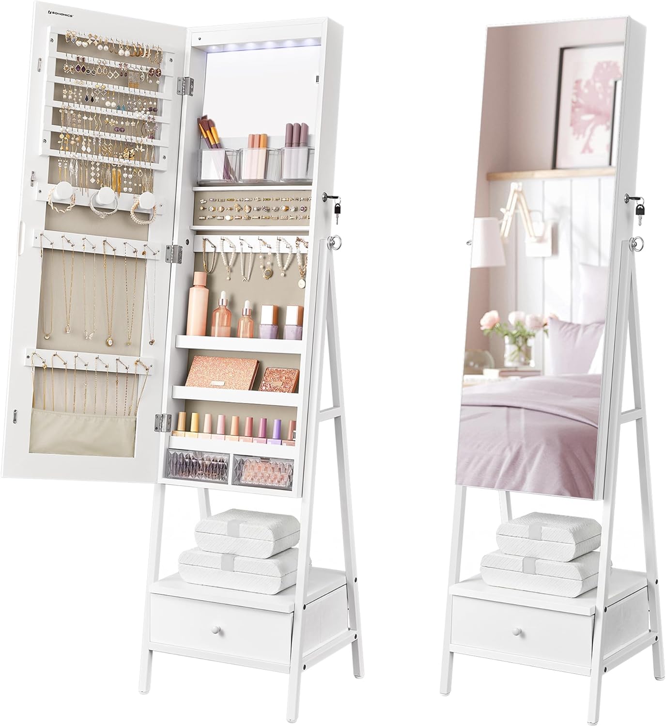 SONGMICS LED Cabinet Standing, Lockable Jewelry Armoire with Full-Length Mirror, Space-Saving Jewelry Organizer with Mirror, Bottom Drawer and Shelf