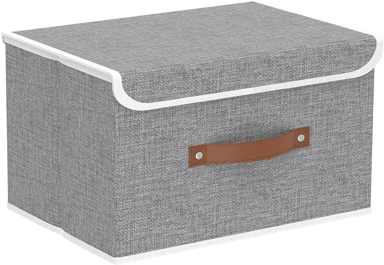 Yawinhe Storage Bins with Lids, Beige, 17.7x11.8x11.8in, 5-Pack, Fabric Container with Leather Handle, Washable Home Basket