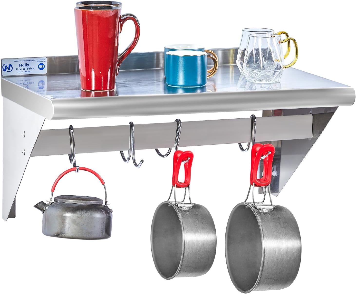 Hally Stainless Steel Wall Shelf 18 x 48 in, Hanging Pot Rack with 6 Hooks, Keeps bulky cookware