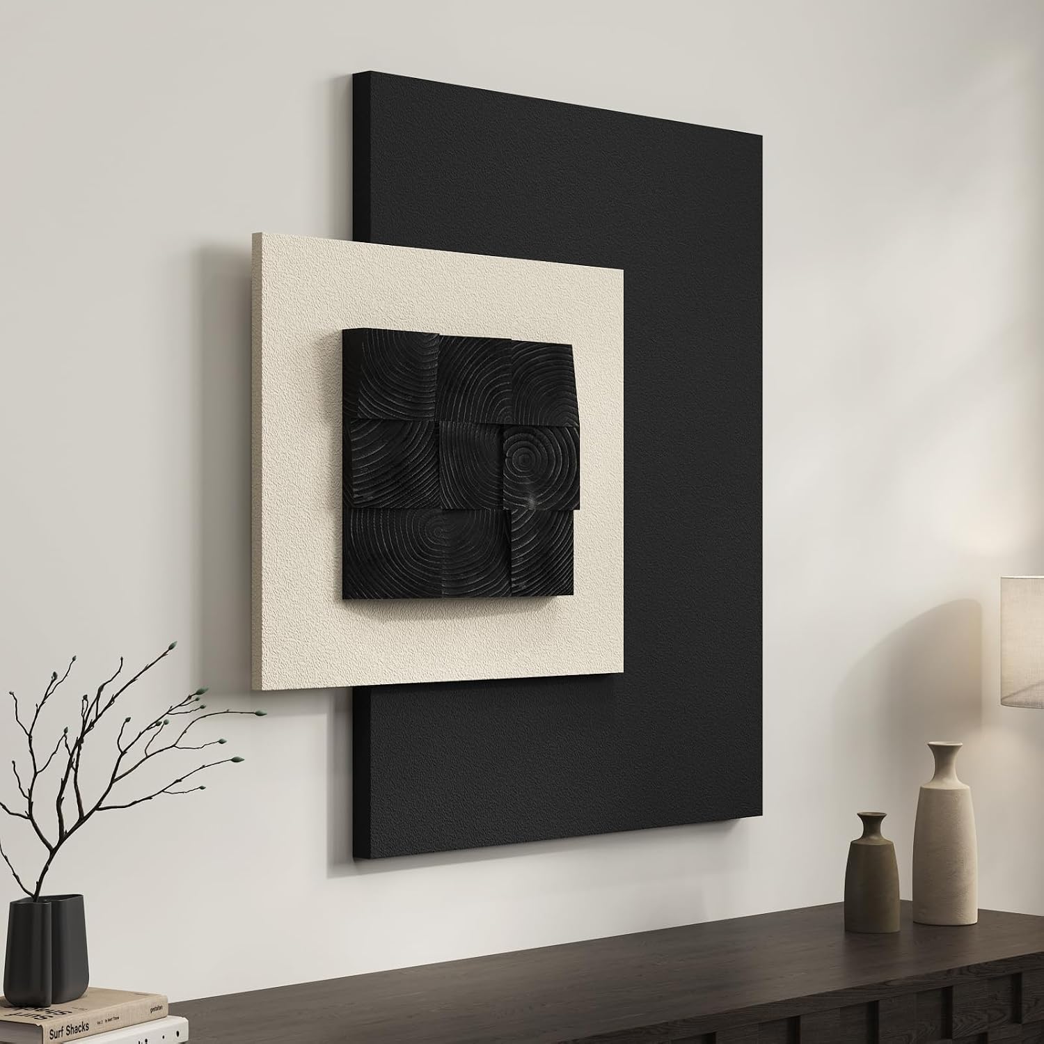 Large 3D Textured Framed Boho Modern Neutral Abstract Wall Art for Living Room, 3 Piece Black White Brown Paintings Artwork for Walls