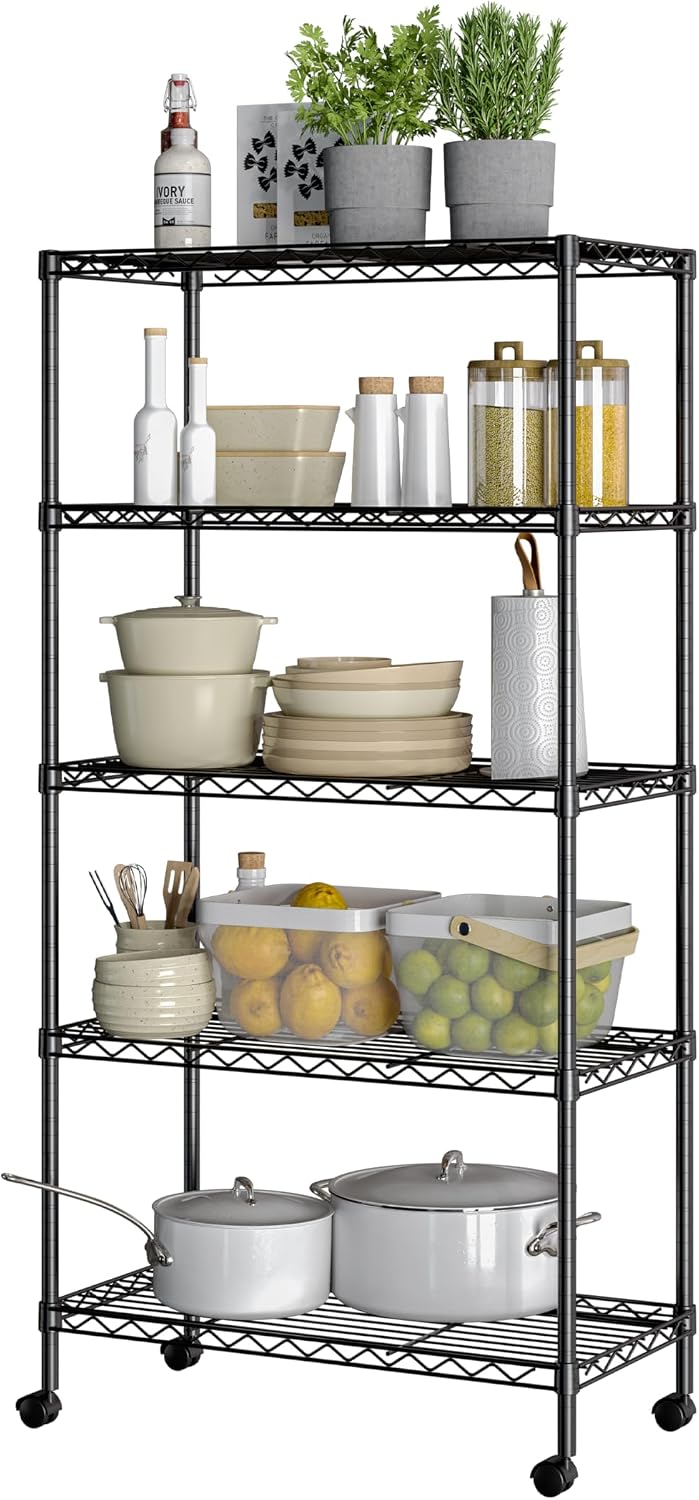 5-Tier Steel Wire Shelving, 30"W x 14"D x 61.5"H, Durable solid steel wire storage rack with adjustable shelves featuring 300 pounds per shelf weight