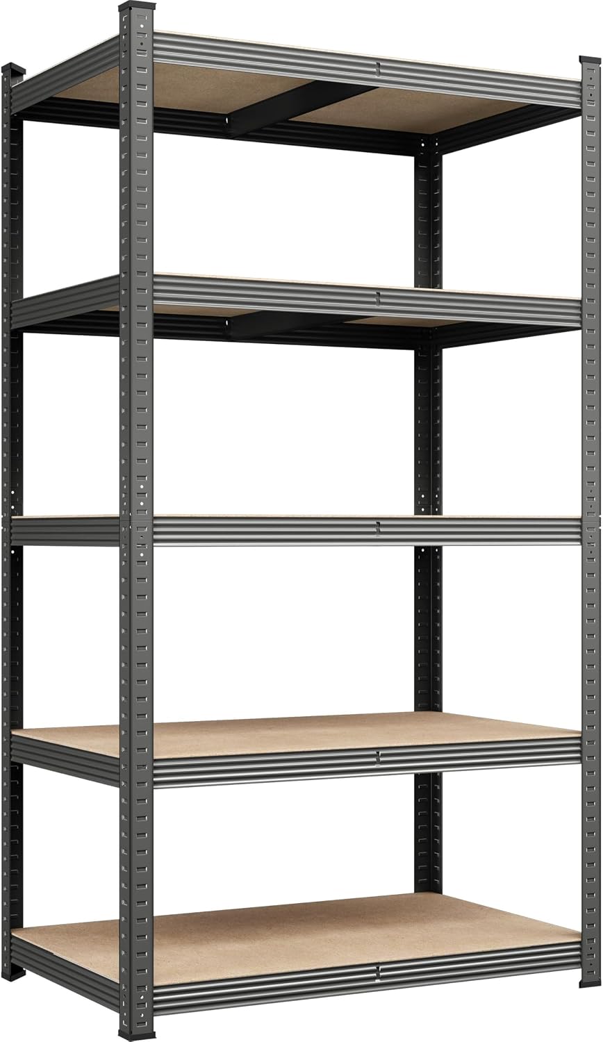 Yaheetech 5-Tier Heavy Duty Storage Shelves 28" W x 12" D x 60" H Silver, Boltless powder-coated metal frame and MDF boards assemble easily