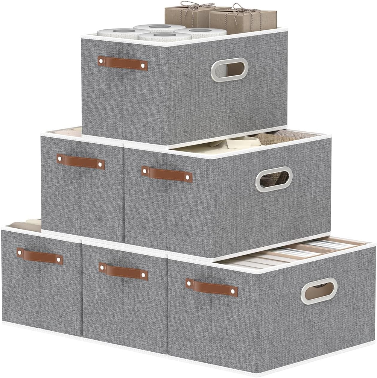 Yawinhe Foldable Storage Baskets for Shelves, 16.9x11.8x10.2in, Beige, 6-Pack, Collapsible Storage Bins for Towels