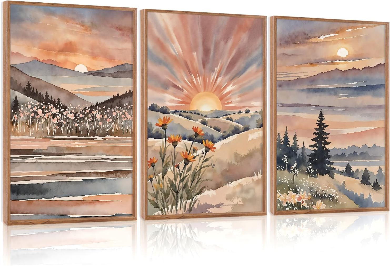 Beach Sunrise Framed Canvas Wall Art Set, Ocean Waves Wall Decor, Coastal Artwork Spiritual Painting