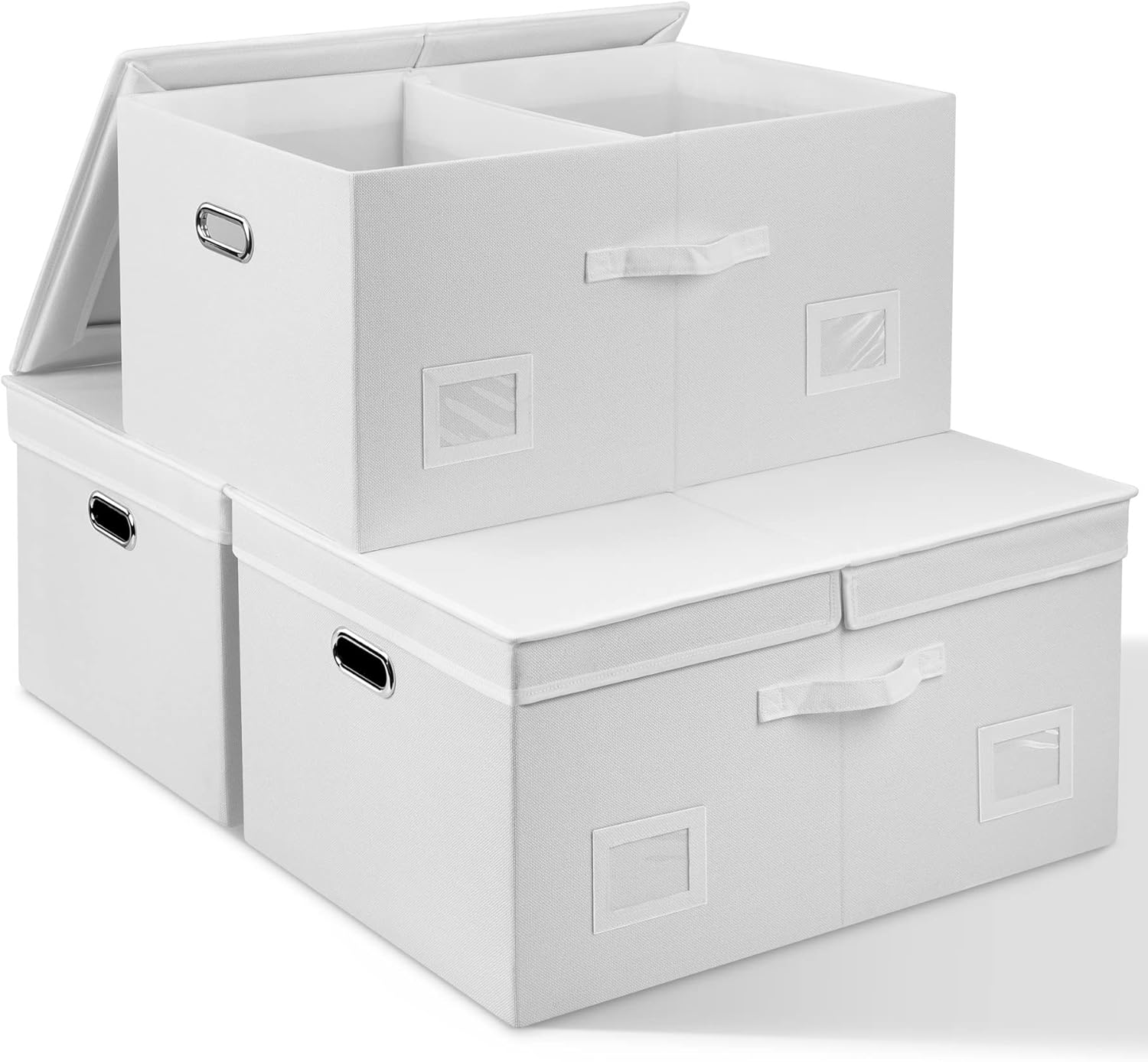 Graciadeco Large Quart Collapsible Stackable Storage Bins with Lids, 3 Packs Beige Linen Fabric Closet Boxes with Lids