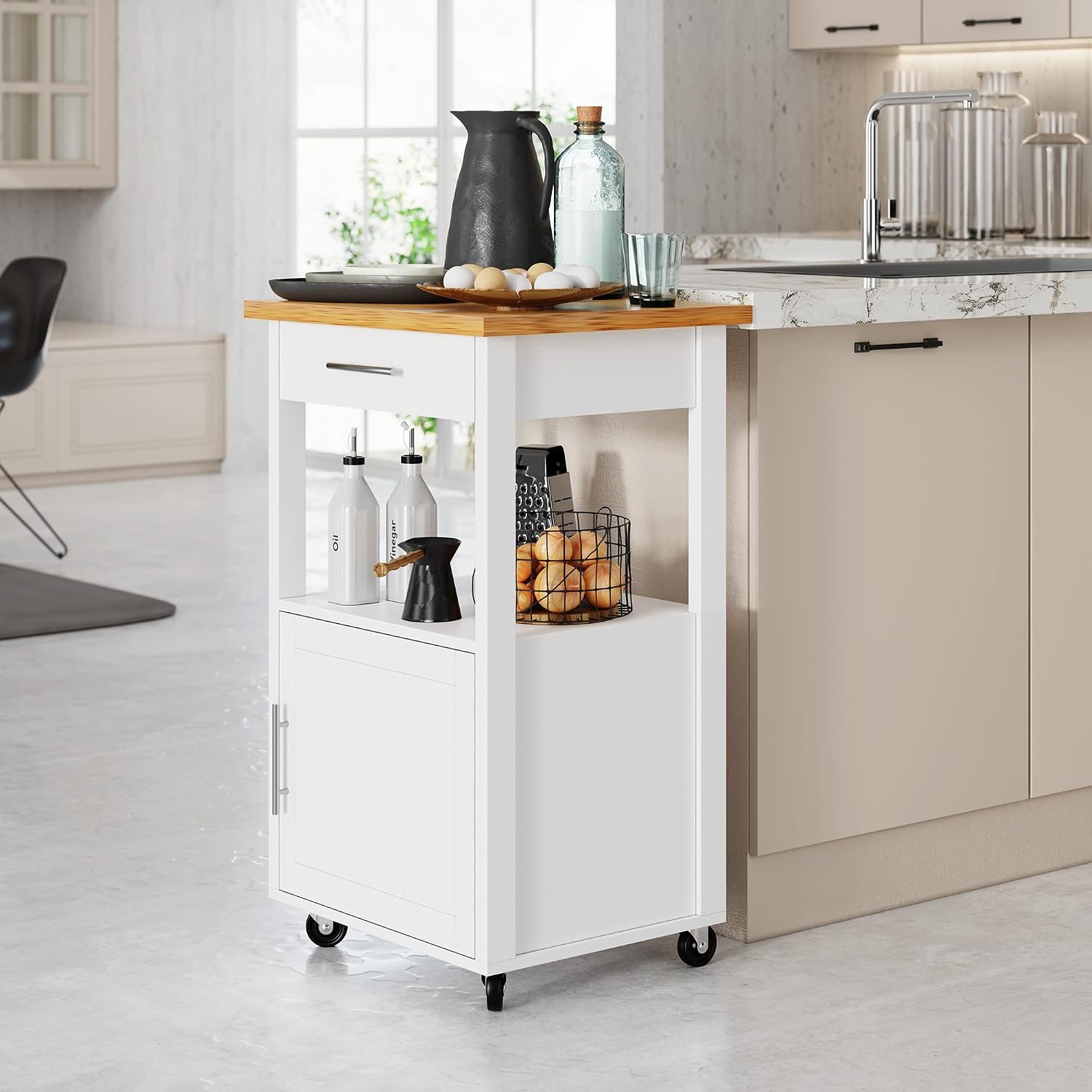 Shintenchi Kitchen Island cart with Storage, Portable Bar Cabinet on Wheels, Rolling Microwave Cart Side Table with Workstation for Kitchen, White