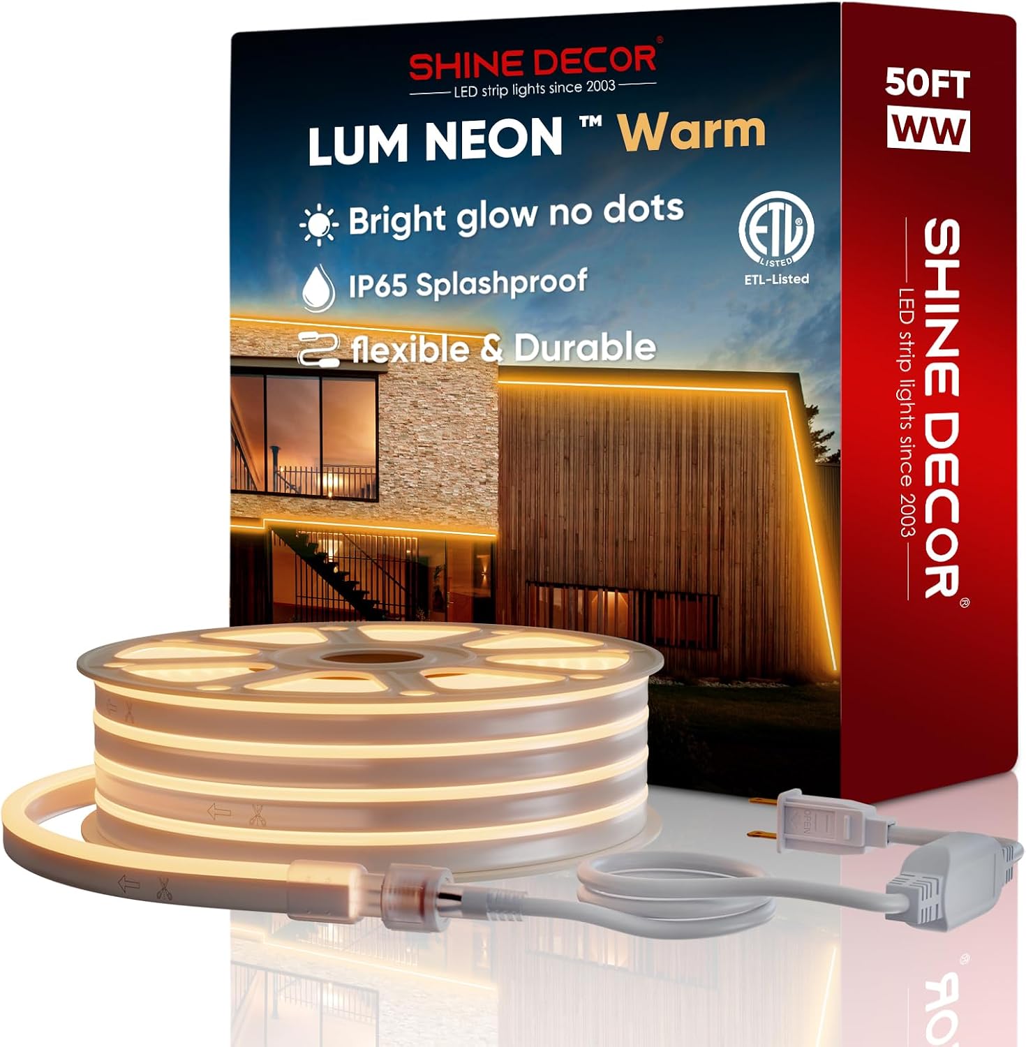 Shine Decor LED RGB Neon Rope Lights AC 120V, Expandable and Cuttable Bright Strip Lighting with Remote, Dimmable Color Changing