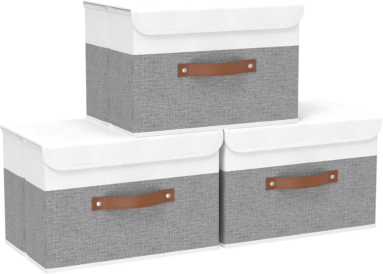 Yawinhe Collapsible Storage Boxes, Linen Fabric Baskets, Bin with lid and Leather Handle, Washable, for Home, Closet, Beige, 17.7''Lx11.8''Wx11.8''H