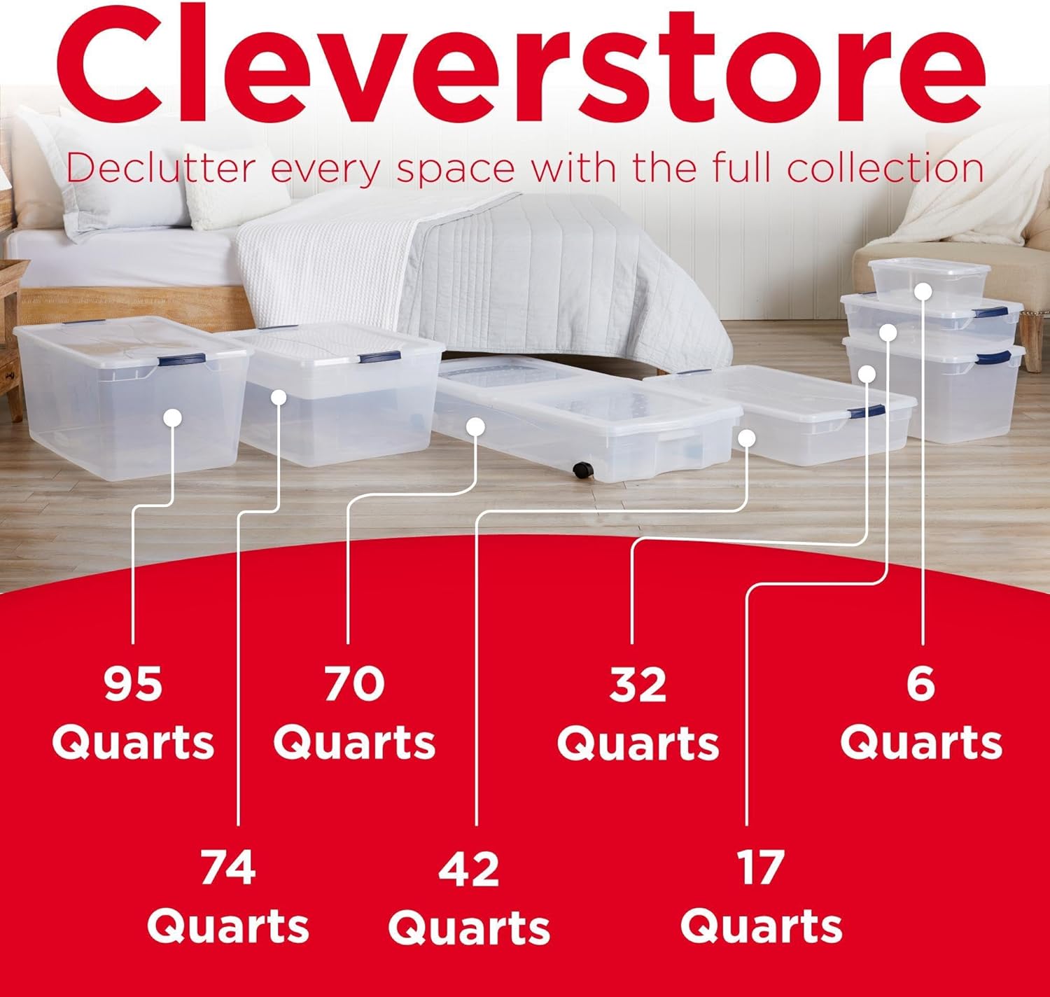 Rubbermaid Cleverstore Clear 32 Qt, 6 Pack Stackable Plastic Storage Bins with Lids, for Closet and Laundry Storage, Organizing in the Home