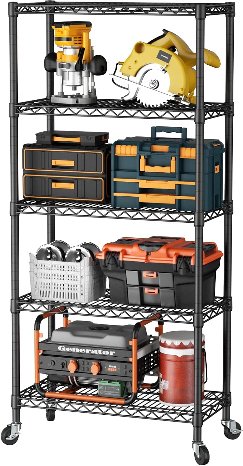 5 Shelves Storage Wire Shelf Closet Metal Shelving Pantry Wheels, Shelf Bathroom Organizers Metal Kitchen Garage Shelving Unit Laundry Room