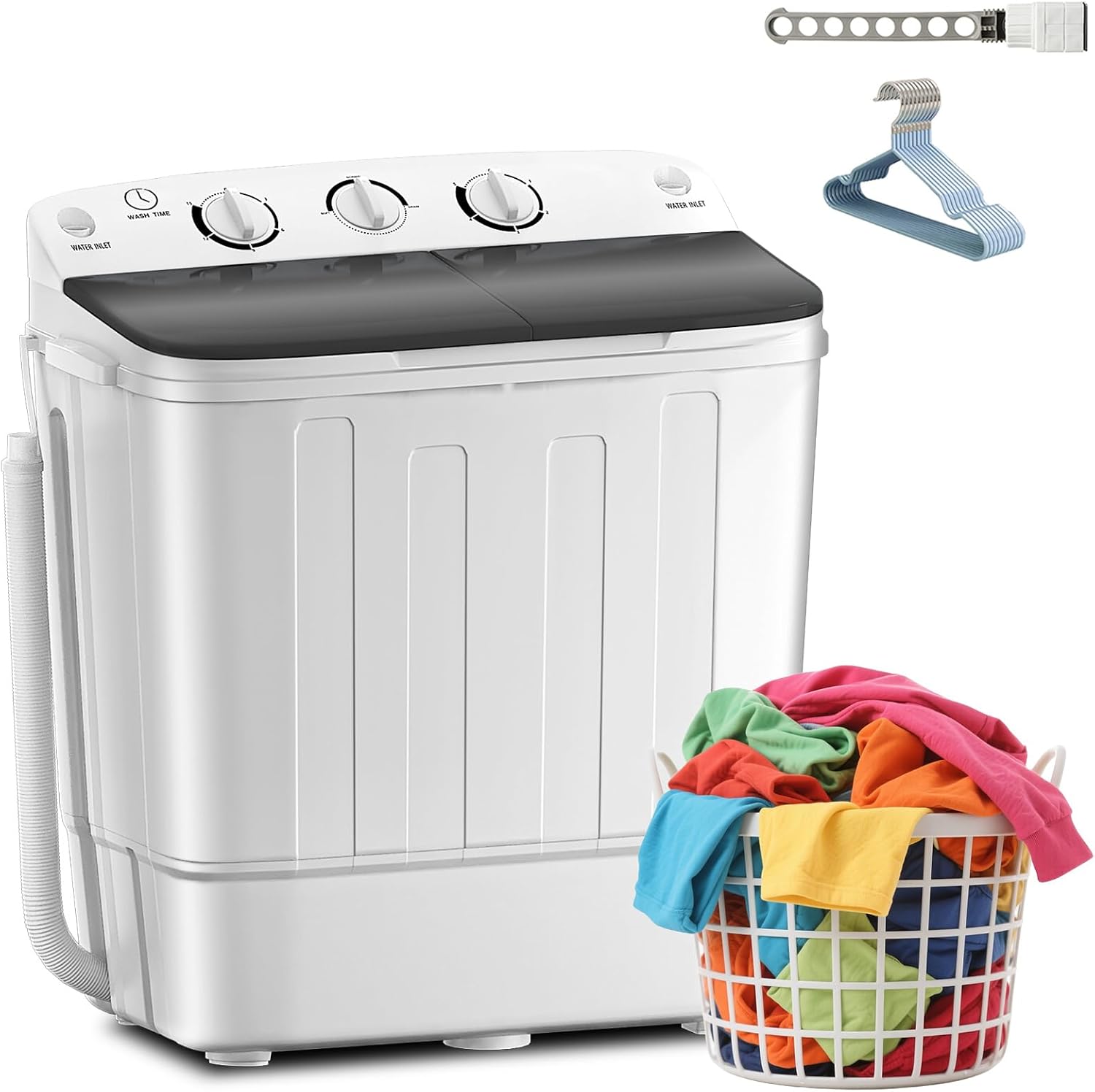 Erivess Portable Twin Tub 19lbs Washing Machine with Drying Rack and 10 Hangers, 12lbs Washer Mini Compact Laundry Machine with 7lbs Spinner