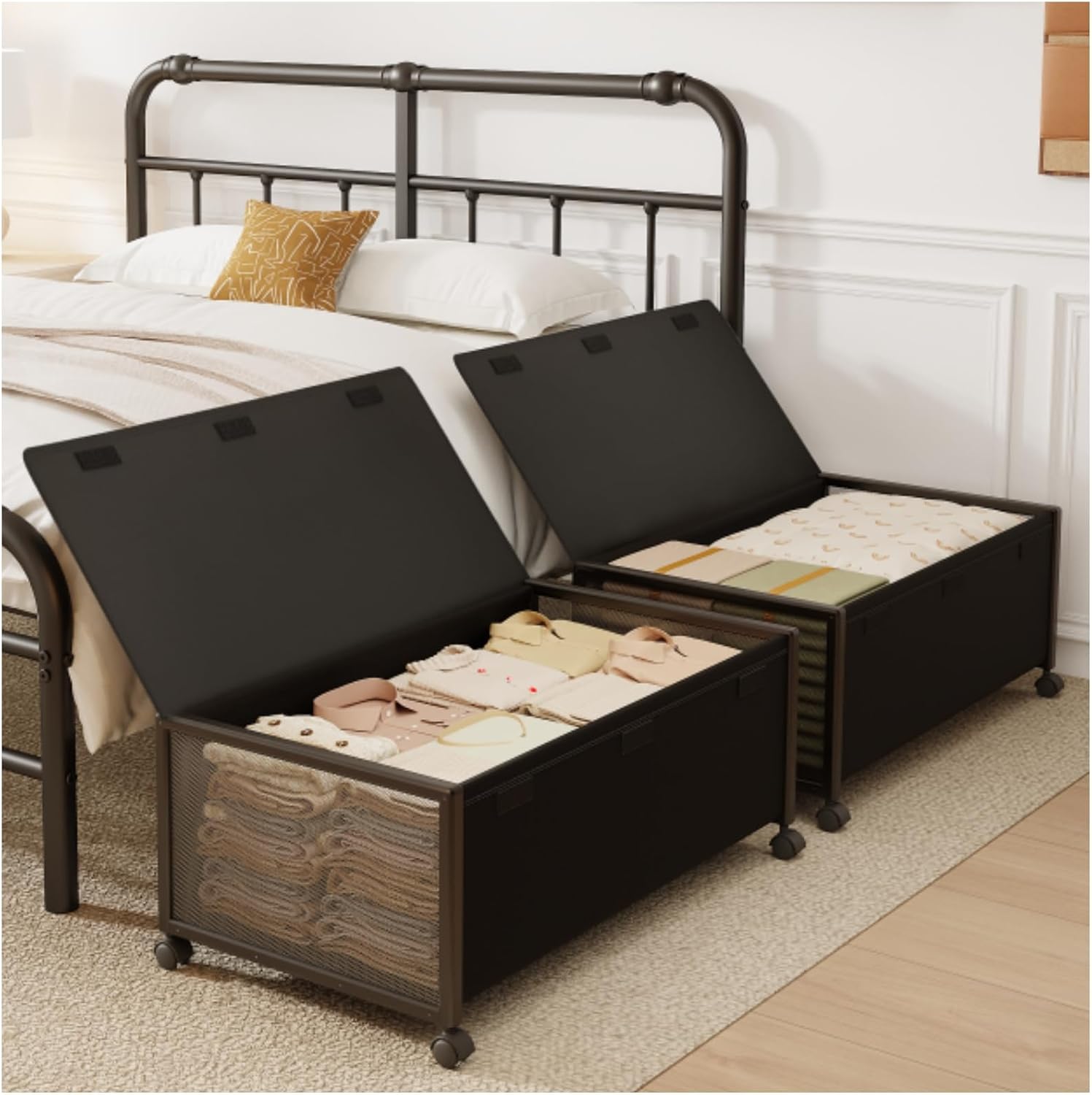 Fokyfok 2 Pack Under the Bed Storage Containers, 10 inch Height Under Bed Shoe Storage, 31inch Long Underbed Storage with Wheels