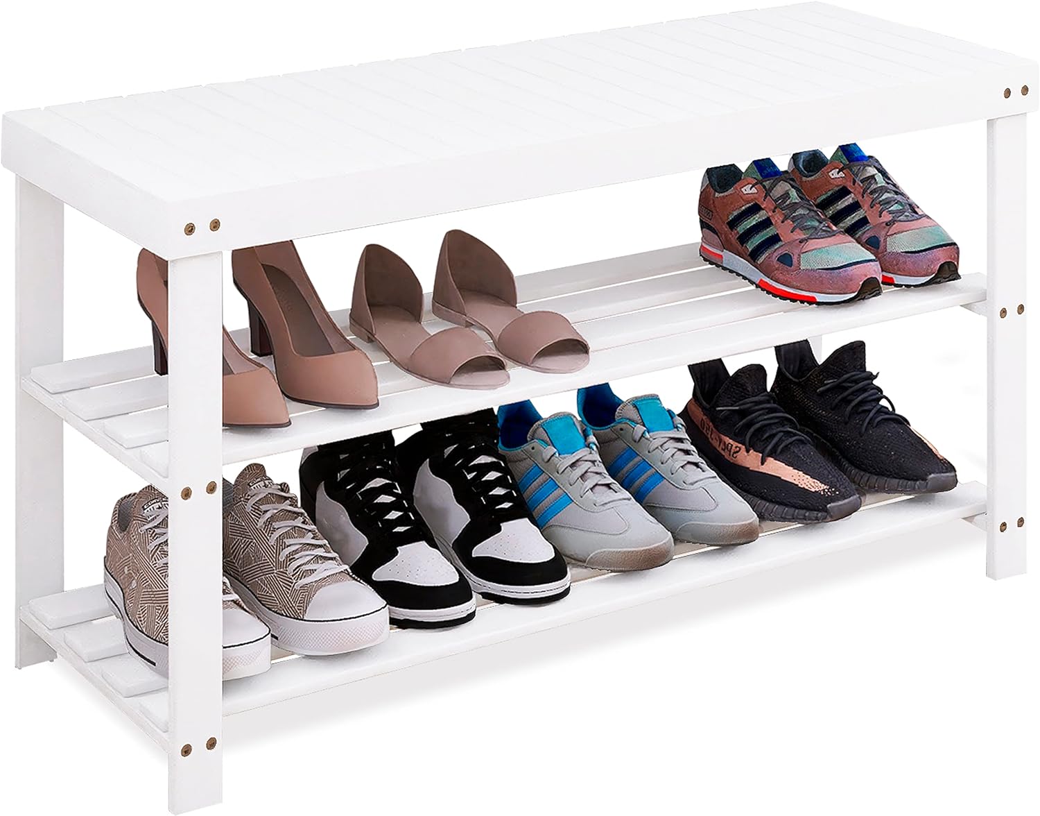 SMIBUY Bamboo Shoe Rack Bench, 3-Tier Shoe Organizer Storage Shelf for Entryway Hallway Bathroom Living Room (Grey)