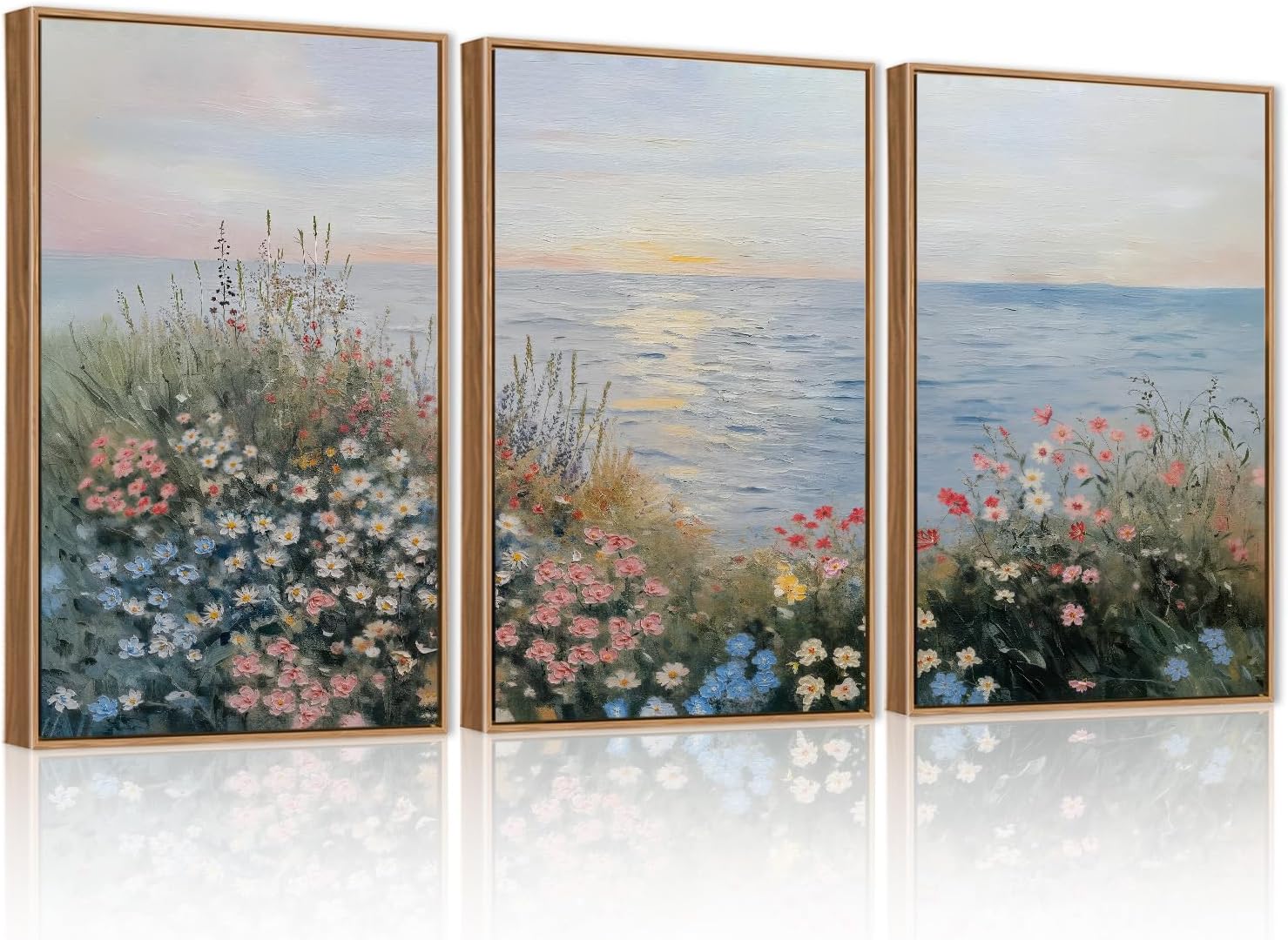 Beach Sunrise Framed Canvas Wall Art Set, Ocean Waves Wall Decor, Coastal Artwork Spiritual Painting