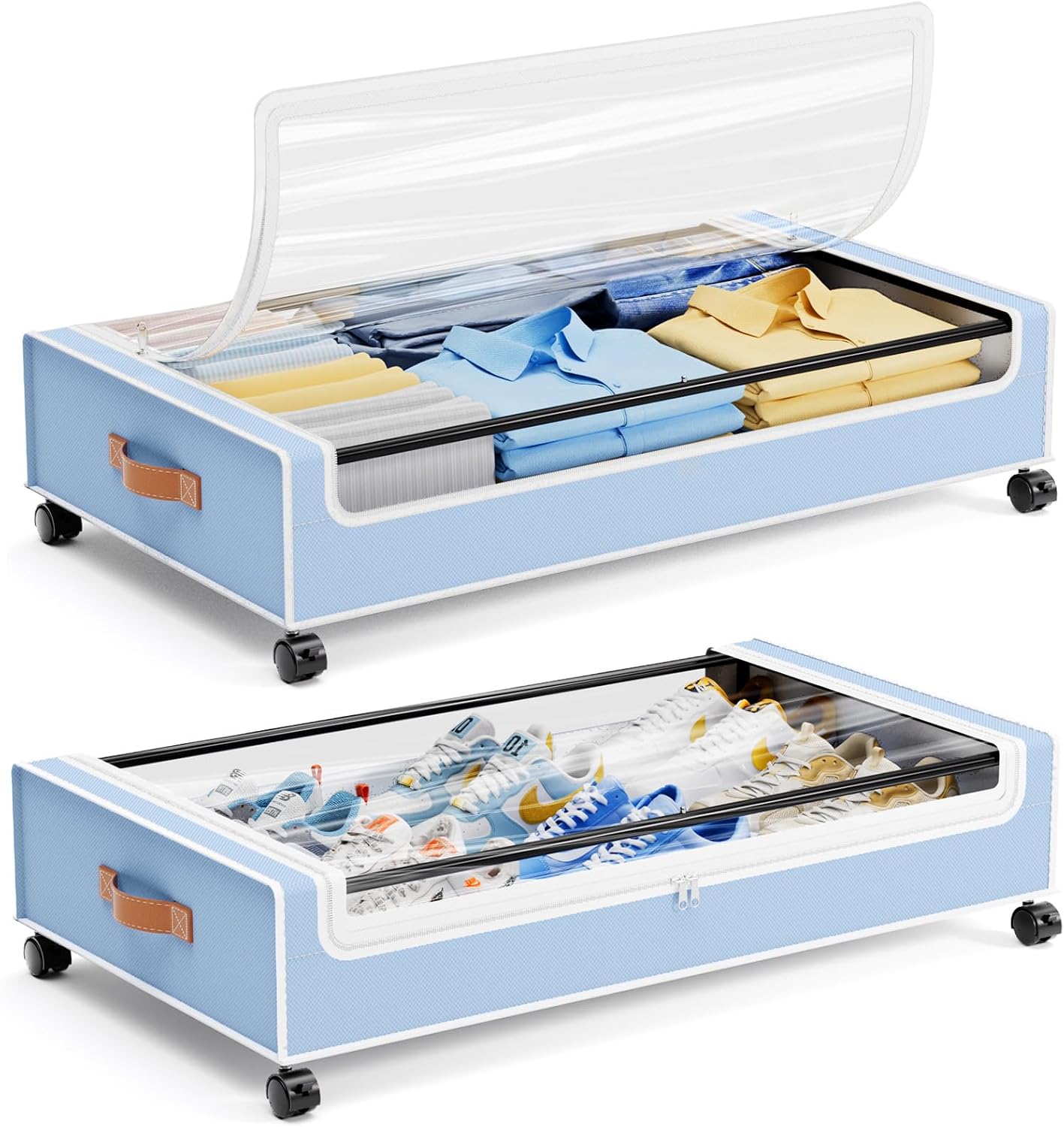 Yecaye Under Bed Storage with Wheels, 2Pack Under Bed Storage Containers, Underbed Shoe Storage Organizer, Rolling Under Bed Metal Drawers for Clothes