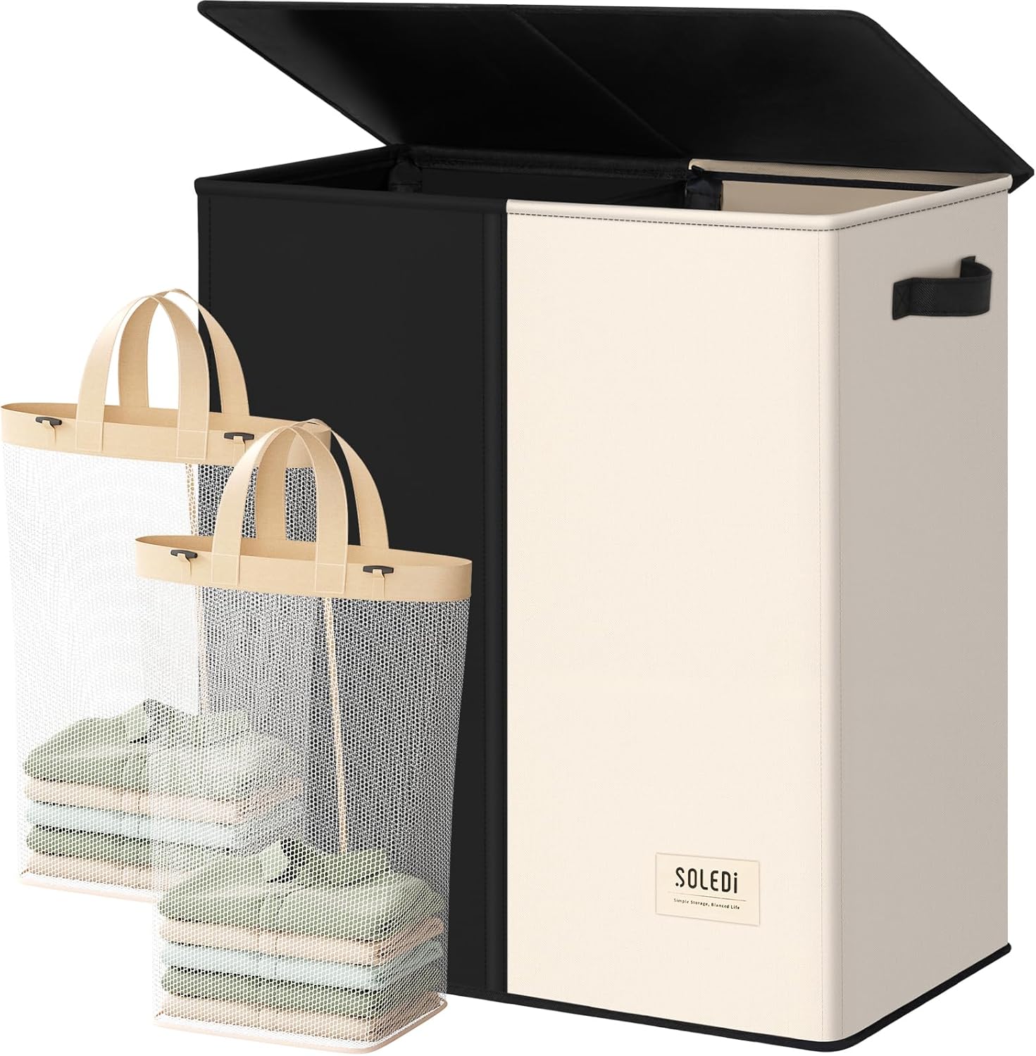 SOLEDI Luxury Double Laundry Hamper with Lid and Removable Bags, 38.3 Gal Large Laundry Bin, Laundry Basket 2 Sections