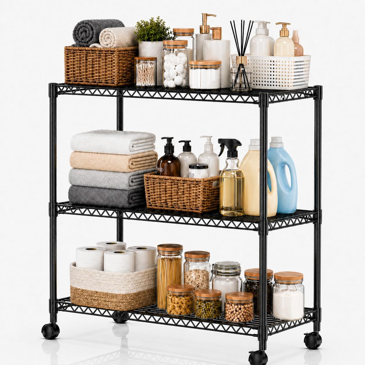Simple Deluxe Heavy Duty 3-Shelf Shelving Unit with Wheels, Adjustable Steel Wire Shelving