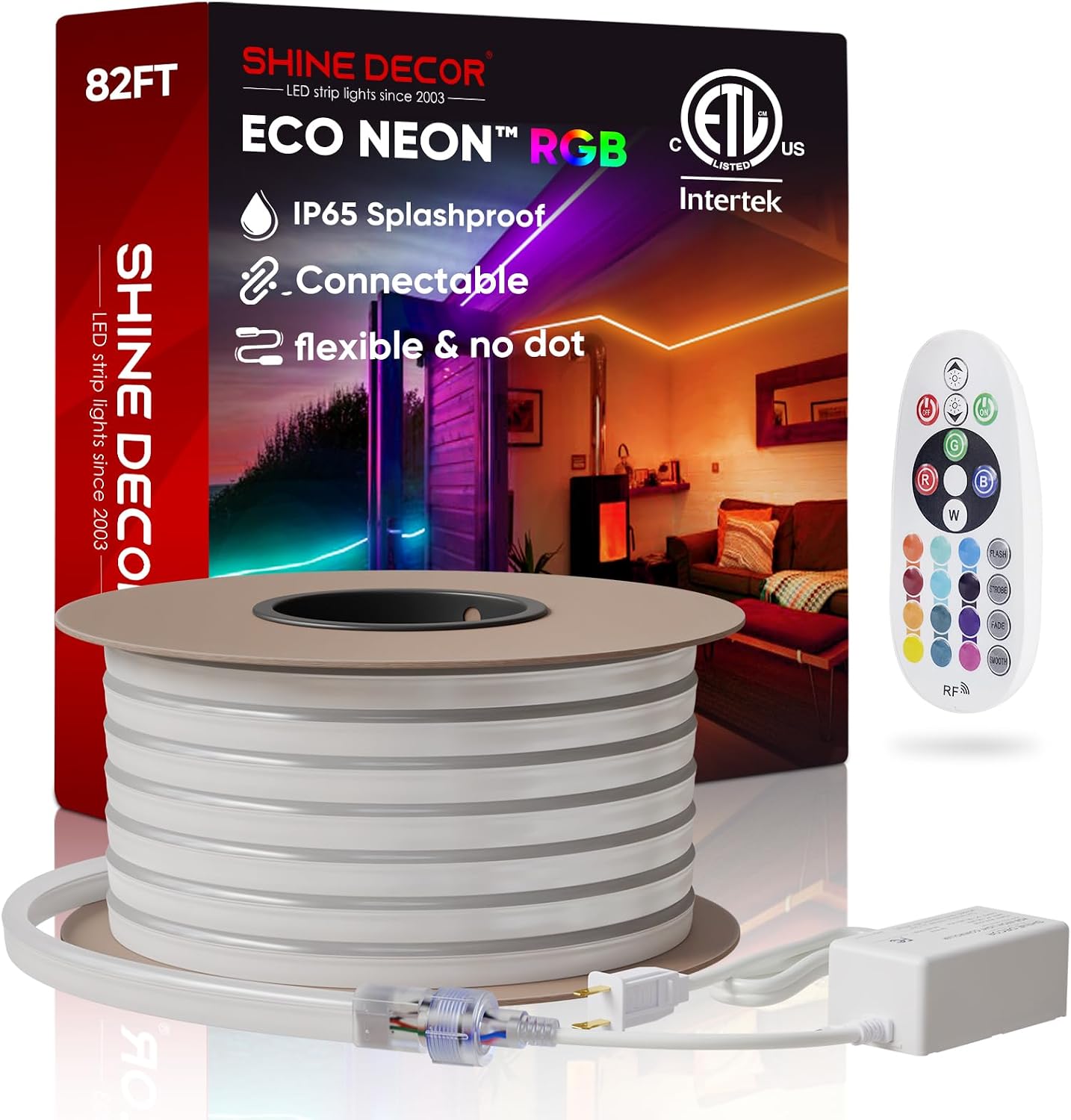Shine Decor LED RGB Neon Rope Lights AC 120V, Expandable and Cuttable Bright Strip Lighting with Remote, Dimmable Color Changing
