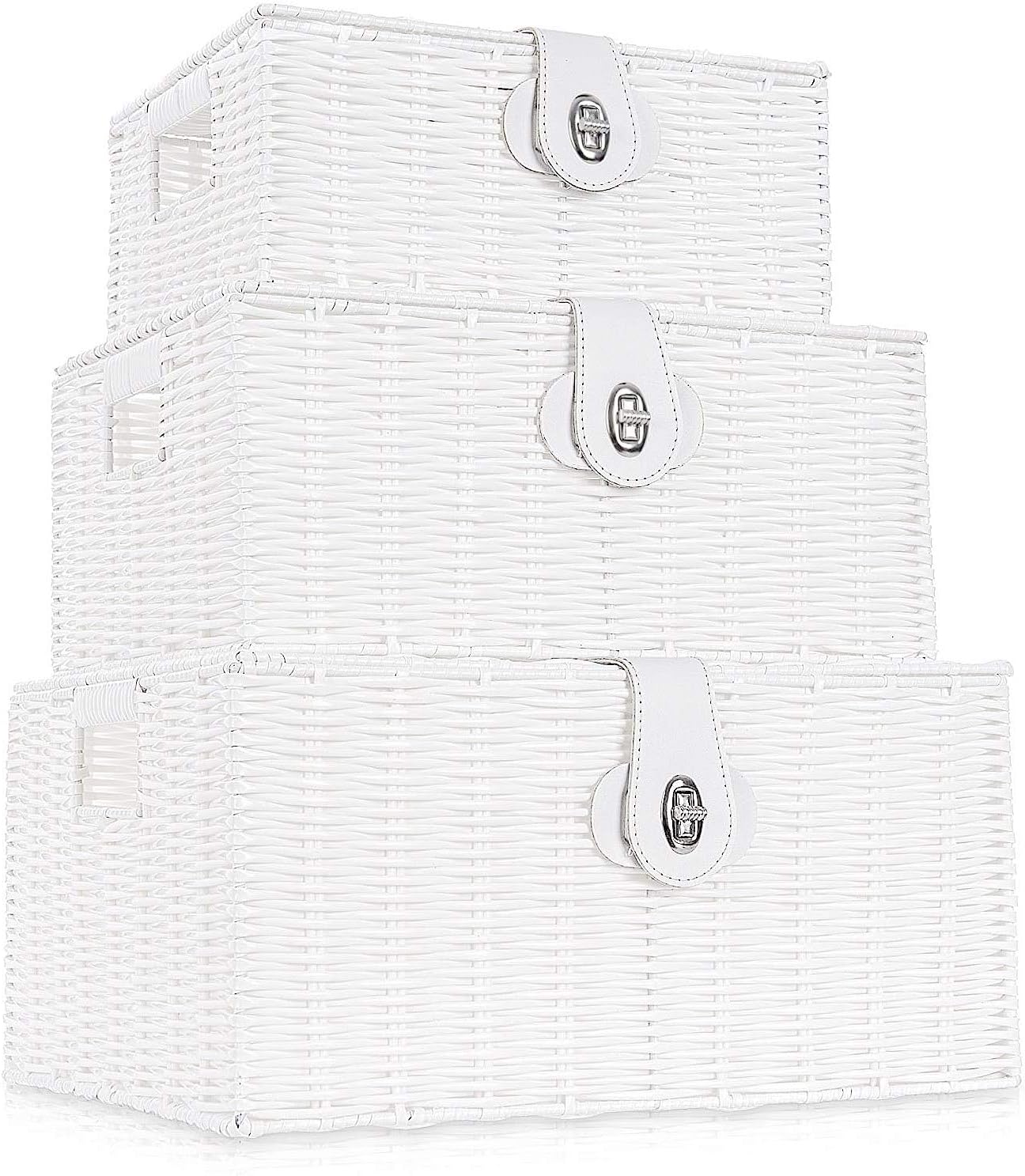 Homepeaz Set of 3 Woven Wicker Storage Basket Box with Lids and Lock, Built-in Carry Handles, Multifunctional Storage Organizer for Nursery, Baby