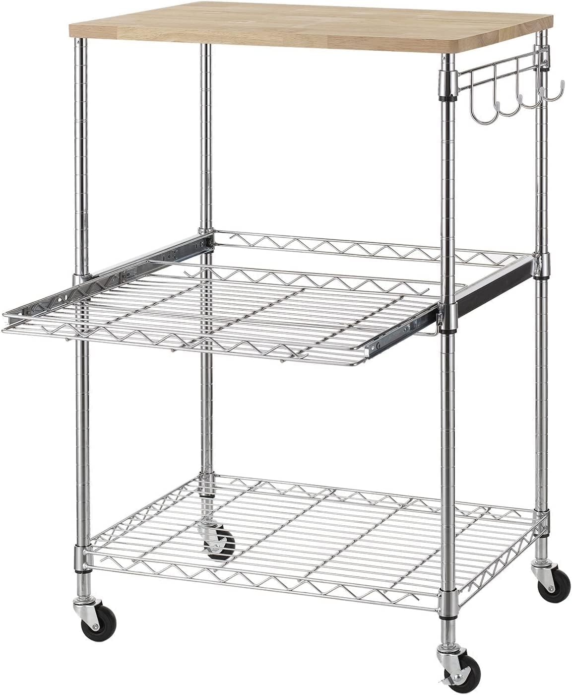 Finnhomy 3-Tier Rolling Kitchen Cart With 18" D x 30" W Oak Wood Tabletop, Kitchen Island With 4" Wheels and Slider Shelf