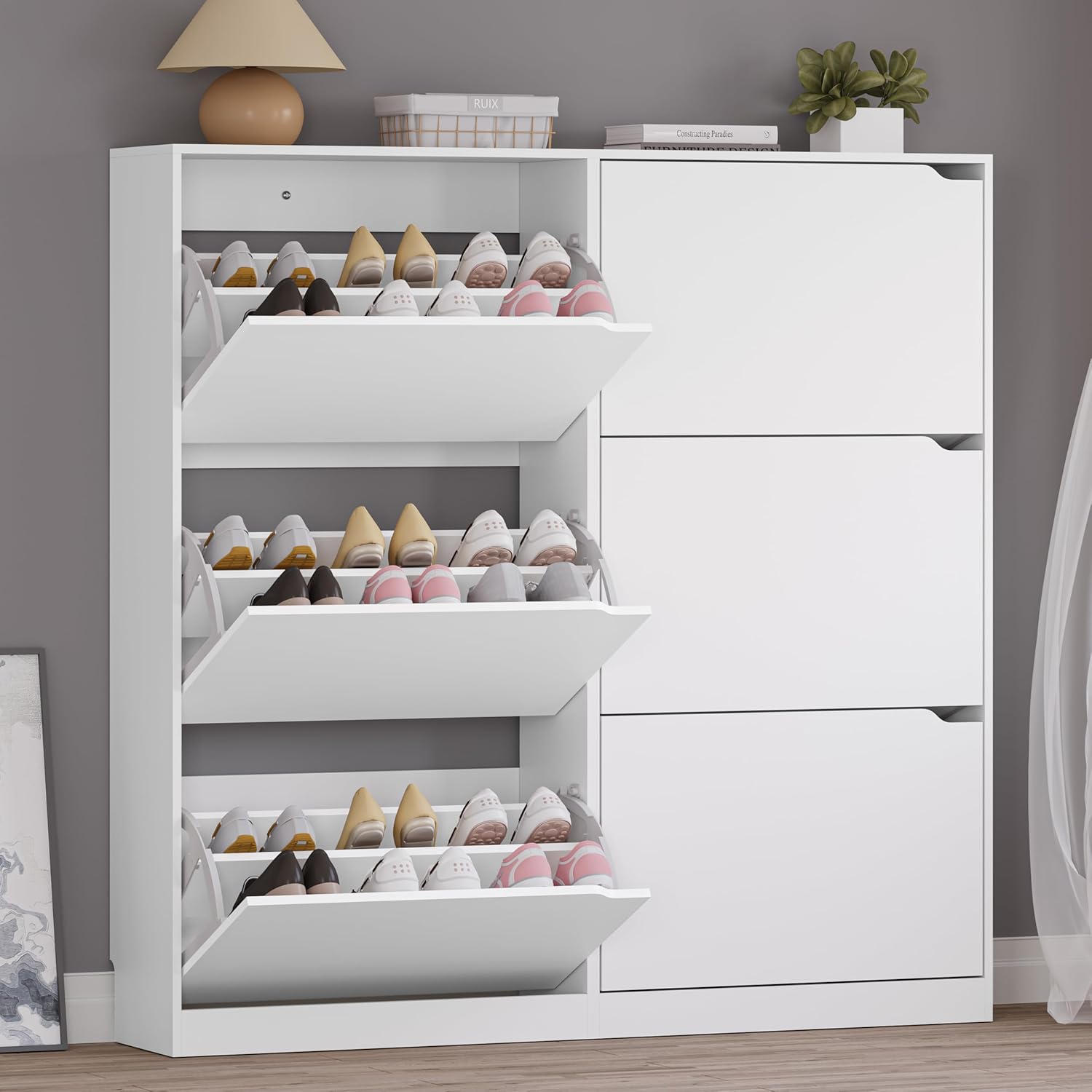 BORNOON Shoe Cabinet with Odor Control and Back Panels, Deodorizing Slim 3-Flip Shoe Storage Cabinet for Entryway