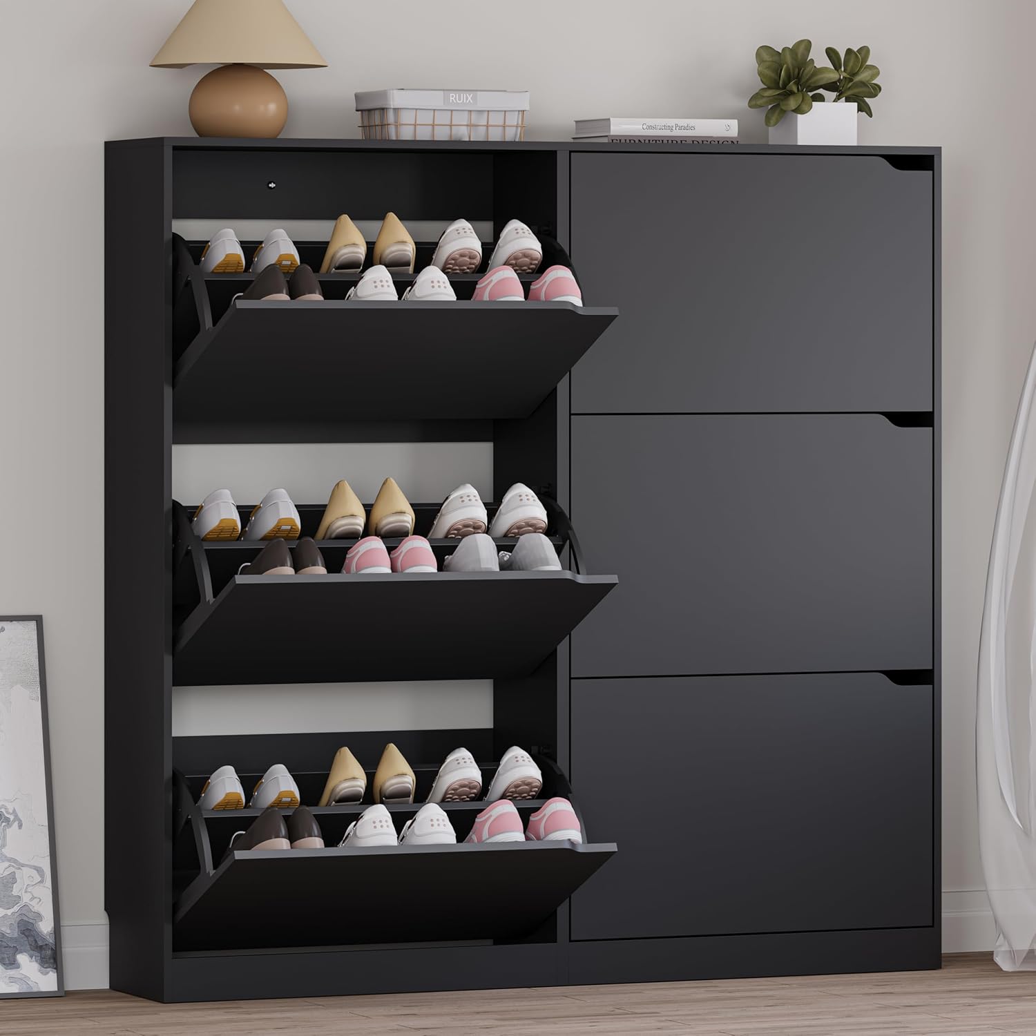 BORNOON Shoe Storage Cabinet with 3 Flip Drawers, Narrow Shoe Rack Cabinet, Freestanding Organizer Storage for Entryway, Hallway, Black