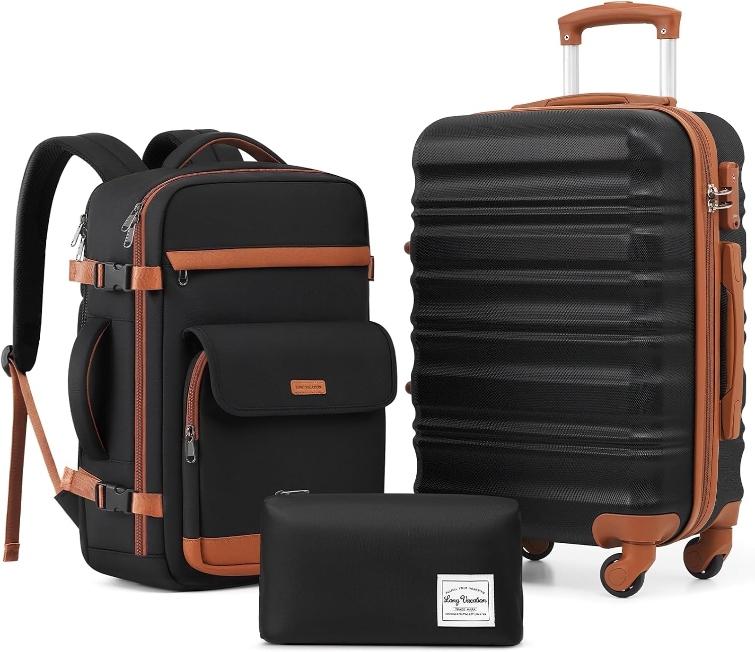 LONG VACATION 6 Piece Luggage Set Carry on Suitcase with ABS+PC hardshell, Spinner Wheels and YKK Zipper TSA Lock (BEIGE-BROWN, 6 piece set)