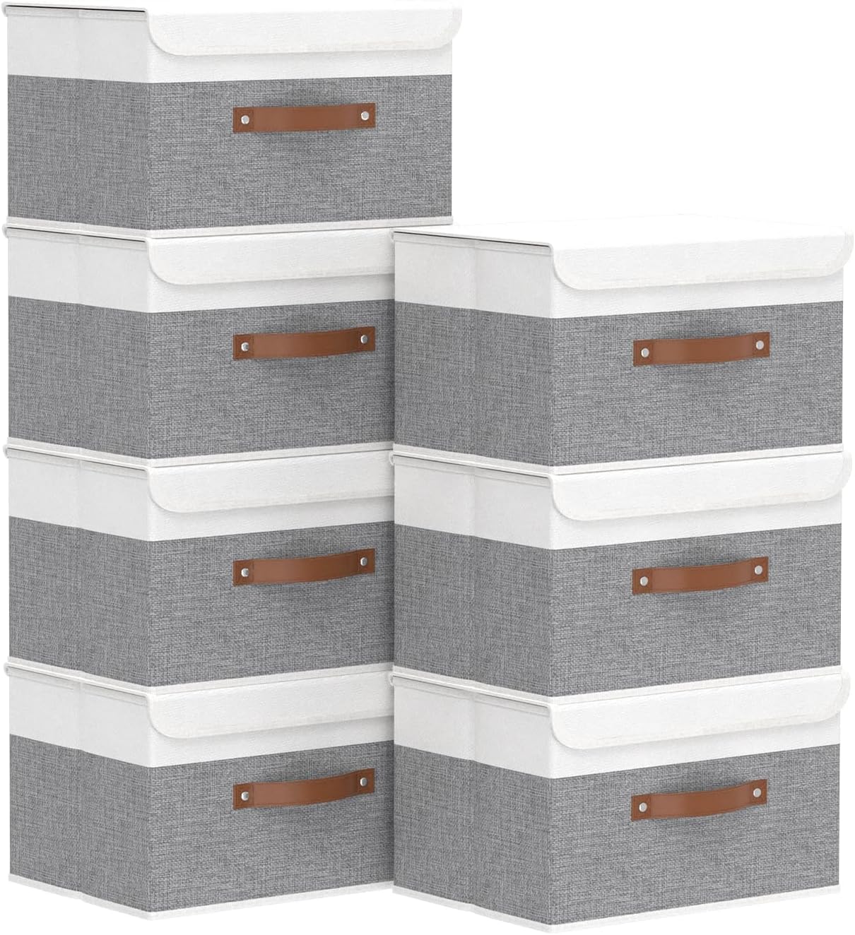 Yawinhe Collapsible Storage Boxes, Linen Fabric Baskets, Bin with lid and Leather Handle, Washable, for Home, Closet, Beige, 17.7''Lx11.8''Wx11.8''H