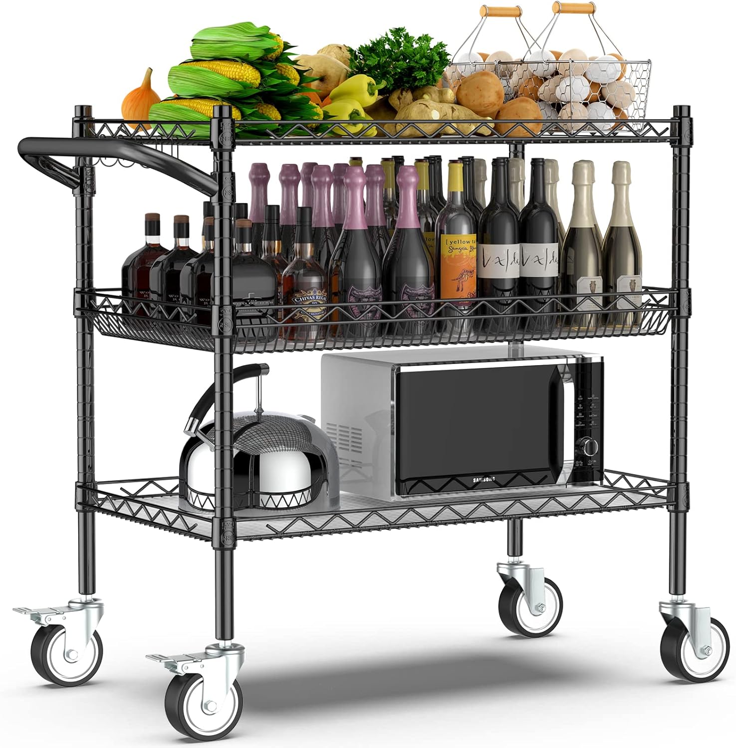 Leteuke Rolling Kitchen Carts with Wheels, 3-Tier Utility Cart with Wood Tabletop, NSF Commercial Metal Serving Cart with Handle and Shelf, Chrome