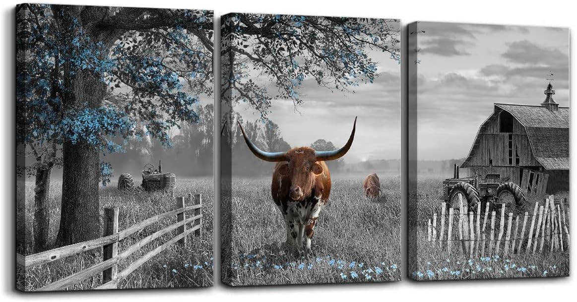 yiijeah Rustic Wall Art - Western Home Decor Cow Picture Extra Large Wall Decr Rustic Longhorn Living Room Bedroom Canvas Framed Artwork Farmhouse