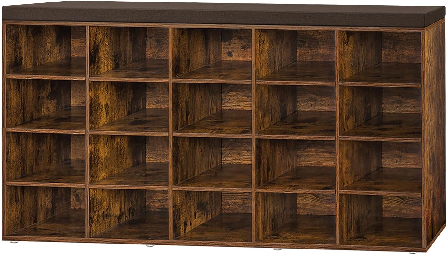 Shoe Storage Bench with Cushion, 15-Cubby Shoe Rack, Adjustable Shelves, Long Shoe Organizer Bench for Entryway, Mudroom, Hallway, Living Room