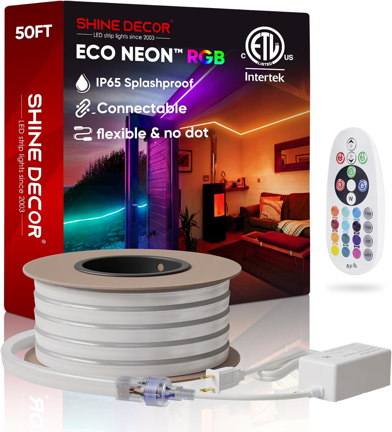 Shine Decor LED RGB Neon Rope Lights AC 120V, Expandable and Cuttable Bright Strip Lighting with Remote, Dimmable Color Changing