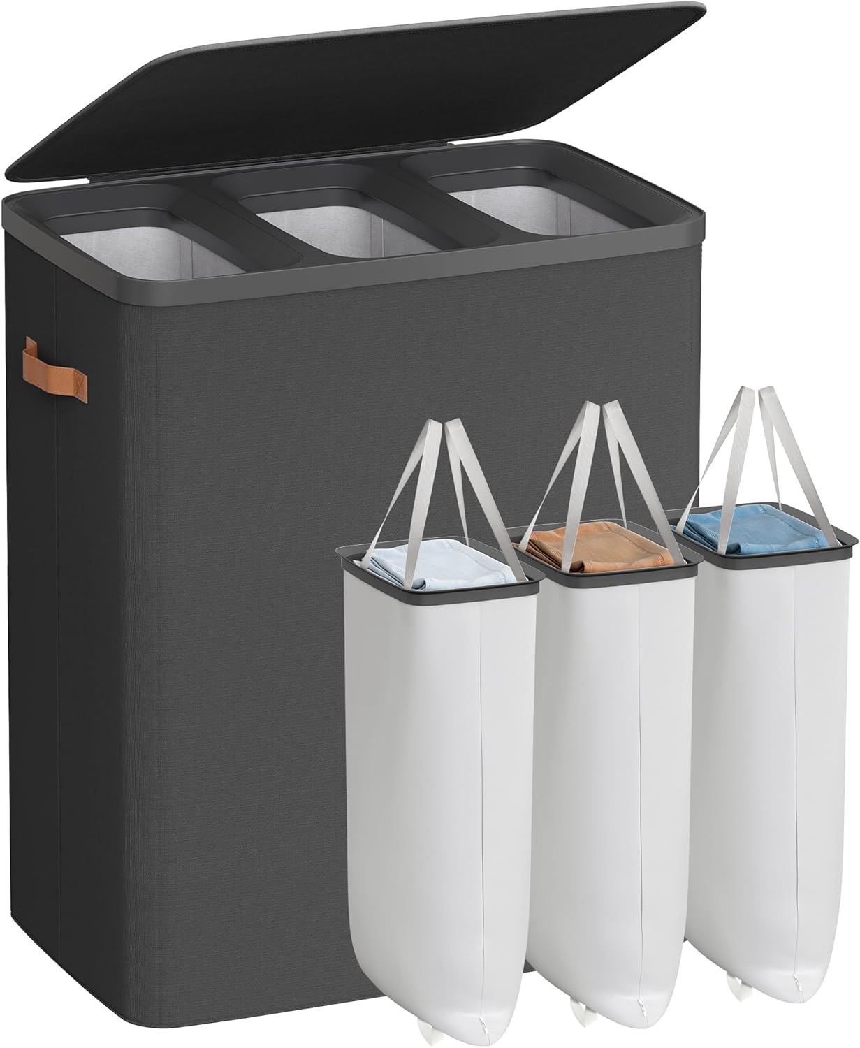 SONGMICS Laundry Basket, 44.9 Gal. Laundry Hamper, 2 Compartments, Easy Assembly, with Lid and Handles, Removable Liners, 22 x 15.7 x 29.5 Inches