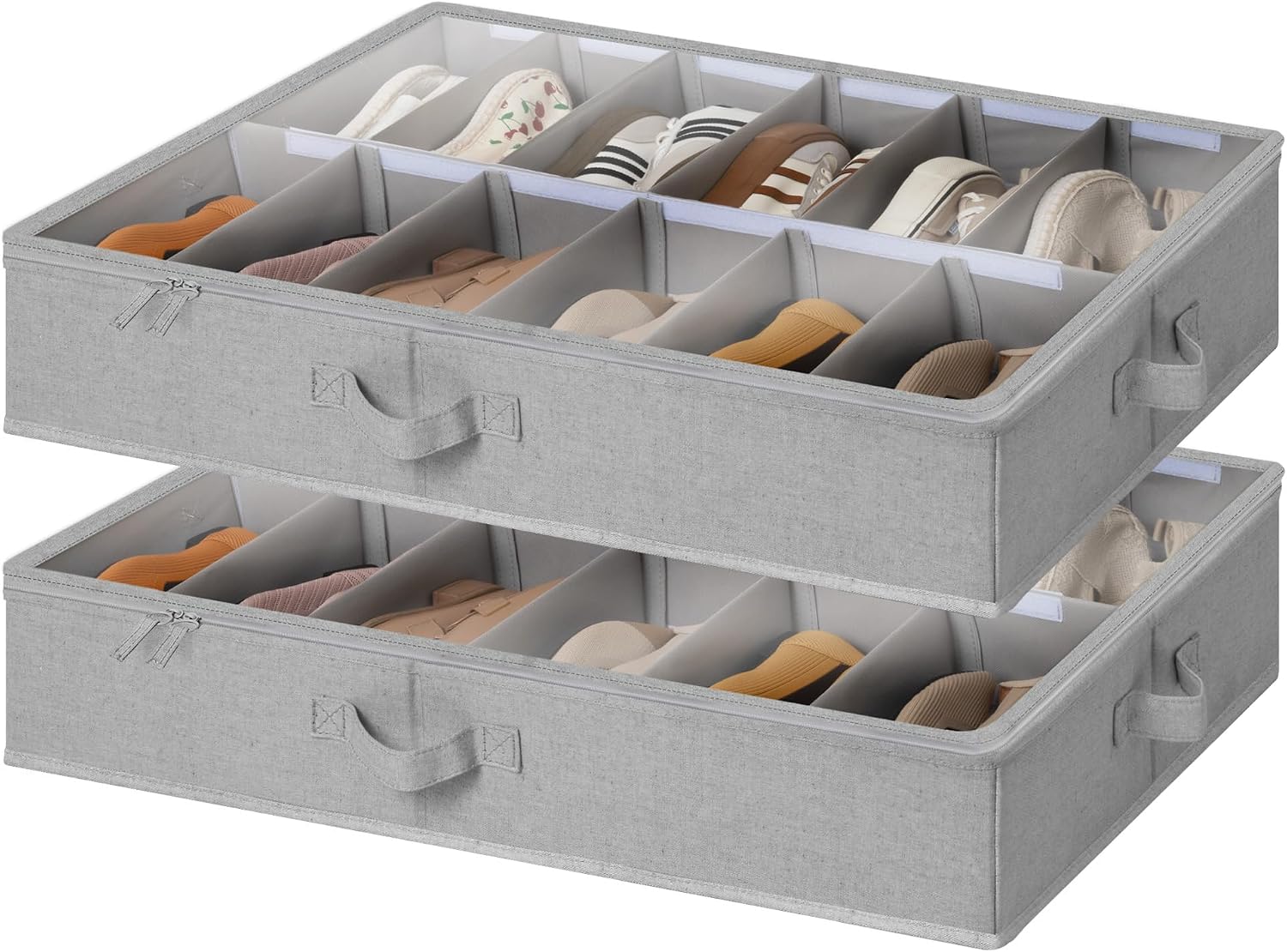 StorageWorks 2-Pack 24-Pair Underbed Shoe Storage Organizer, Linen Beige, Rustic Linen Fabric, Adjustable Dividers, 5.25" Height