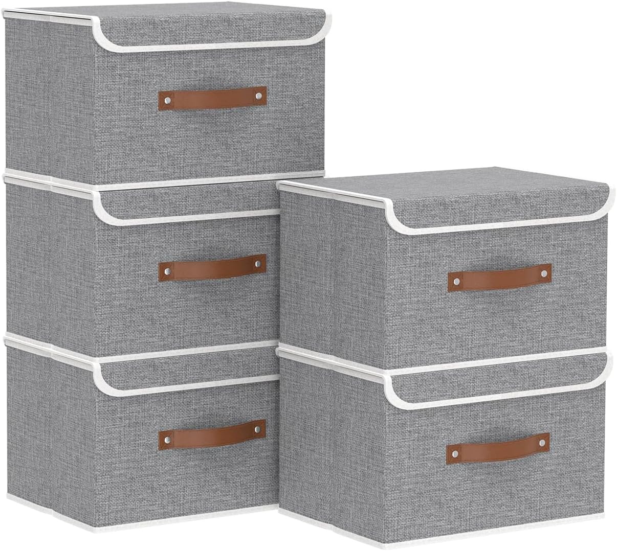Yawinhe Storage Bins with Lids, Beige, 17.7x11.8x11.8in, 5-Pack, Fabric Container with Leather Handle, Washable Home Basket