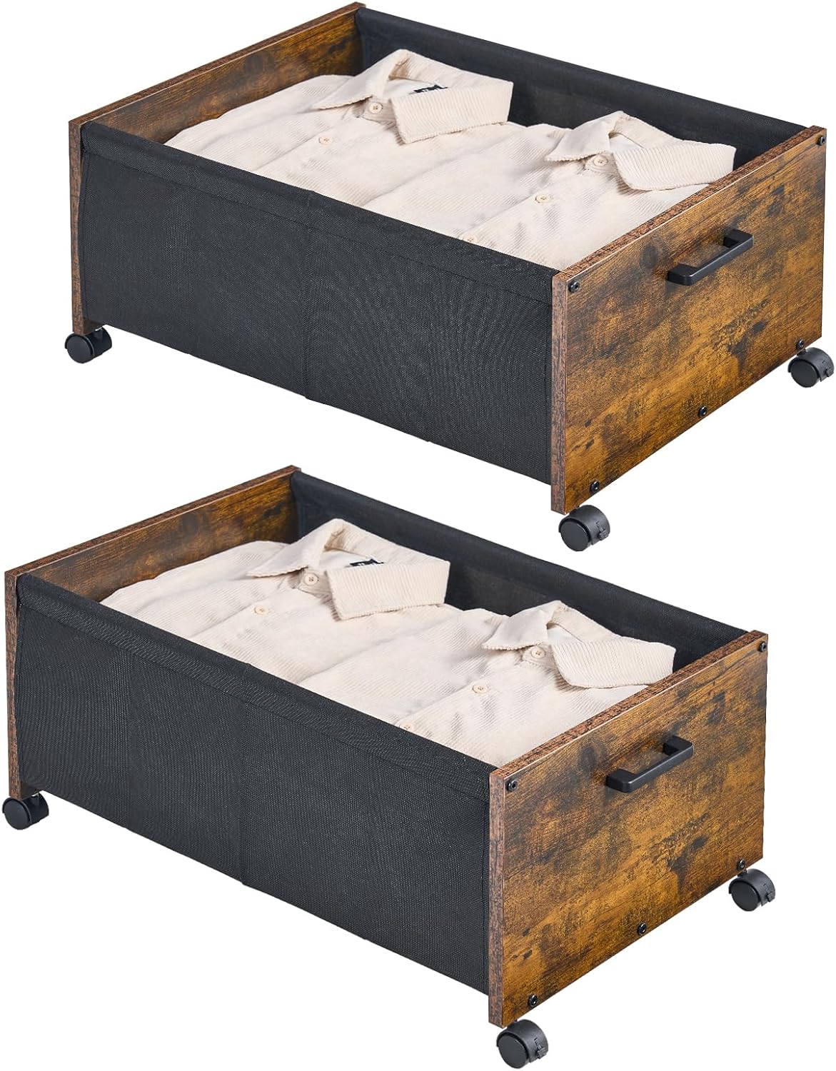 FOUCSSOMEI Under Bed Storage with Wheels, Wooden Under Bed Drawers On Wheels, Rolling Under Bed Shoe Storage, Space Saving, Rustic Brown, 90L